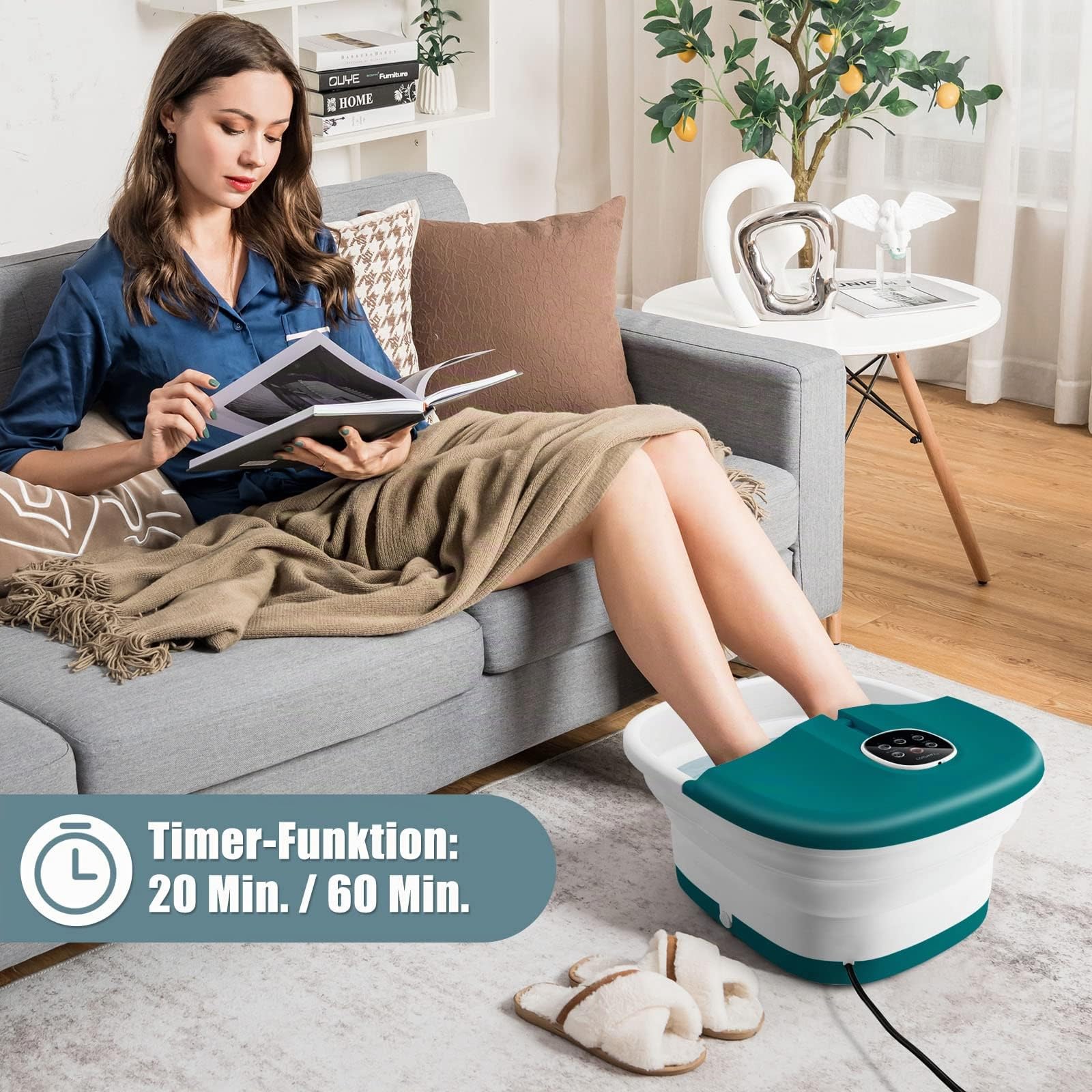 RELAX4LIFE Elektrische Fußmassageräte mit Massage & Heizung, 500W, Fußsprudelbad klappbar mit 16 Shiatsu-Rollen & Pediküre-Bimsstein, 20/60 min. Timer, 41/43/45℃, Fußbad als Geschenk (Türkis)