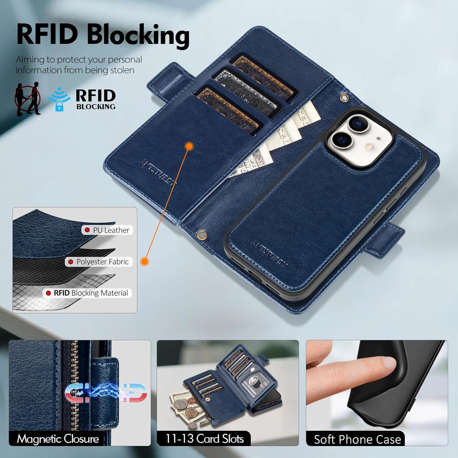 Antsturdy Compatible with Magsafe Magnetic 2 in 1 Detachable iPhone 11 Wallet Case with Credit Card Holder Slots,PU Leather Flip RFID Blocking Phone Cover Wrist Strap Zipper Women Men,Dark Blue