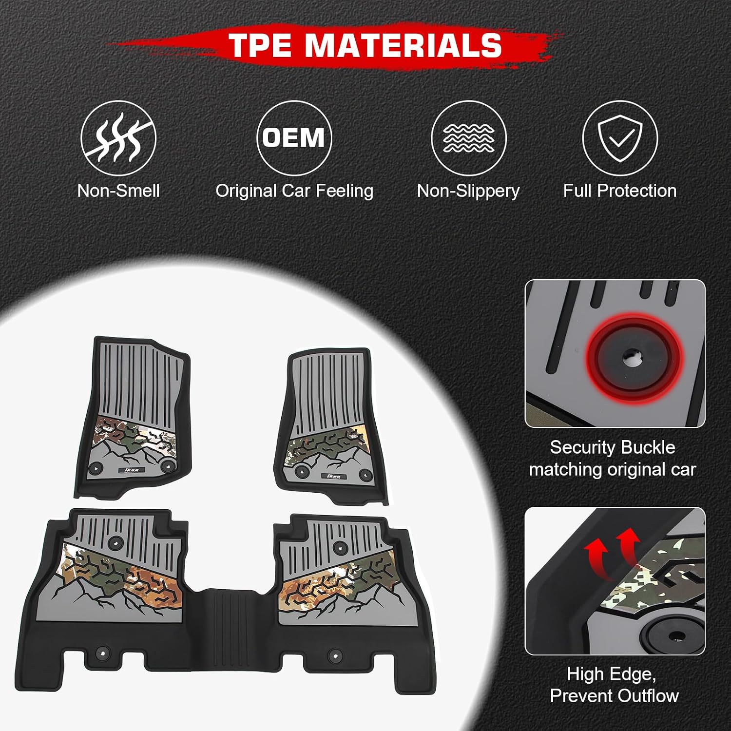 IKON MOTORSPORTS 3D TPE Floor Mats, Compatible with 2018-2025 Jeep Wrangler JL Unlimited 4-Door, All Weather Waterproof Non-Slip Floor Liners, Front & 2nd Row Full Set, Black Gray with Camouflage