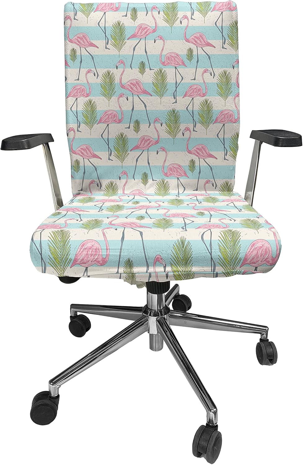 Ambesonne Hawaiian Office Chair Cover, Striped Background with Pink Flamingos and Coconut Palm Tree Leaves, Stretchable Decorative Universal Size High Back Printed Slipcover, Blue