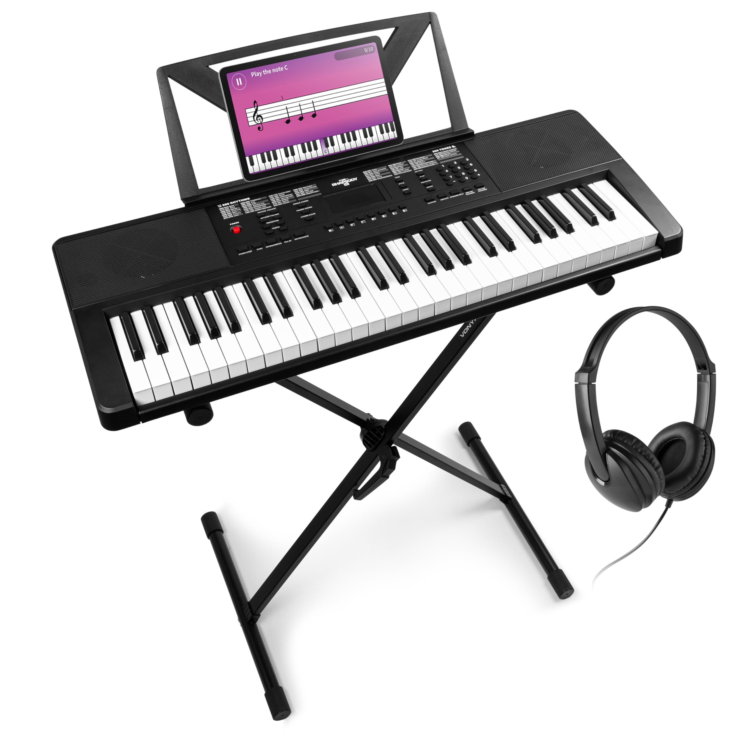 MAX Rhapsody54 - Keyboard Piano mit Notenhalter für Anfänger, 54 Tasten Keyboard mit Ständer und Kopfhörer, Lautsprecher, Display, 50 Demos, Lern-Funktion, 600 Sounds, 8 Percussions
