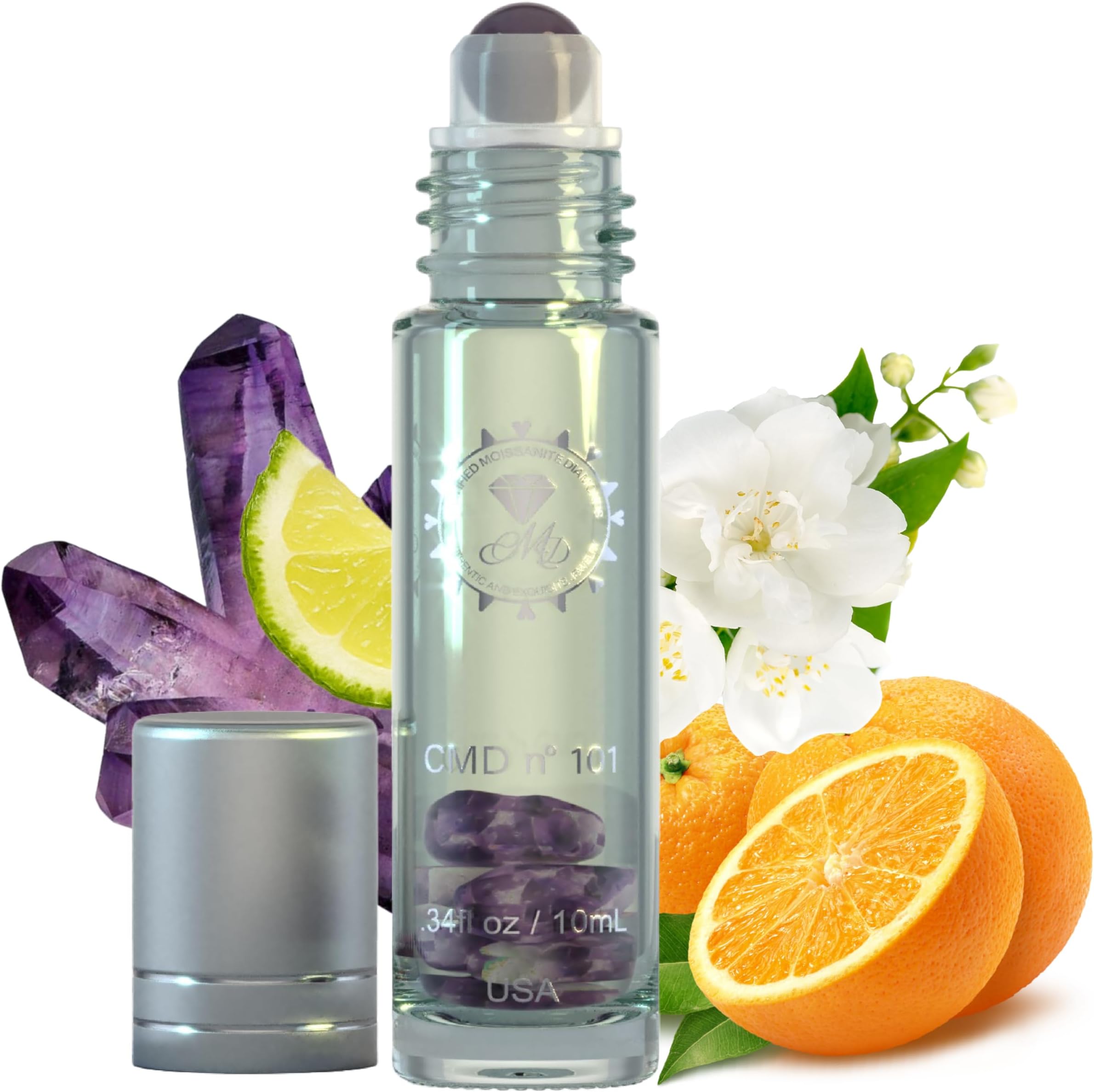 CMD Pure Blossom – Floral Luxury Fragrance Oil Infused with Pheromones, Roll On, Natural Amethyst Crystal Rollerball, EDP Perfume Oil, Body Oil Roller, .34oz 10mL Travel Size Gift for Women