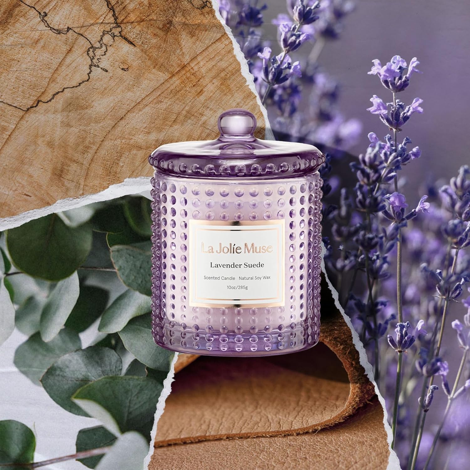LA JOLIE MUSE Lavender Suede Candle - Lavender, Eucalyptus, Sandalwood | 10 oz Natural Soy Wax | 55 Hours Clean Burn | Aromatherapy Candle | Perfect for Relaxation, Self-Care and Meditation - Image 2