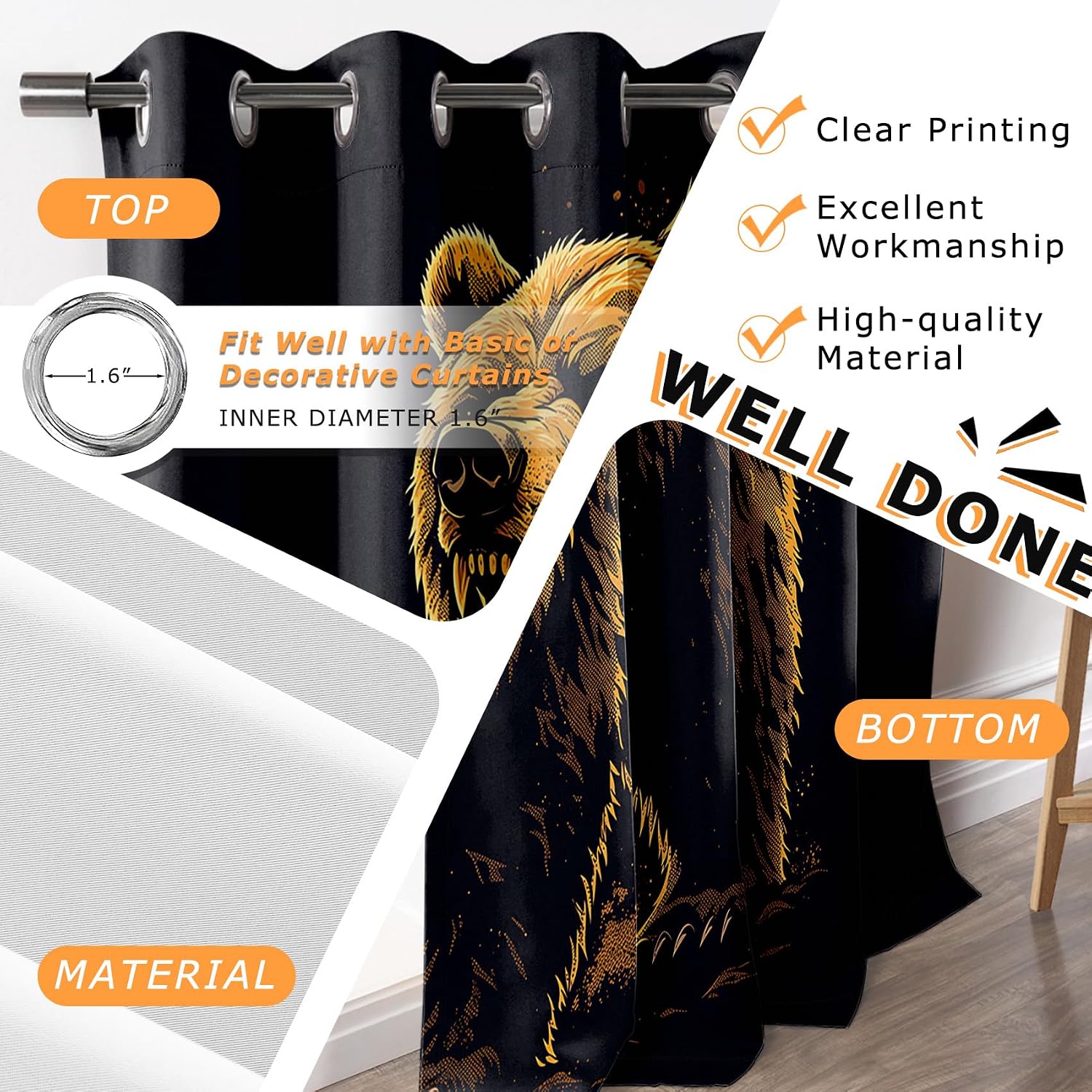 Bear Curtains 63 Inch Length - Wildlife Cabin Animal Man Cave Black Patterned Blackout Curtains for Living Room Bedroom, Room Darkening Grommet Drapes Window Treatments, 2 Panel Set