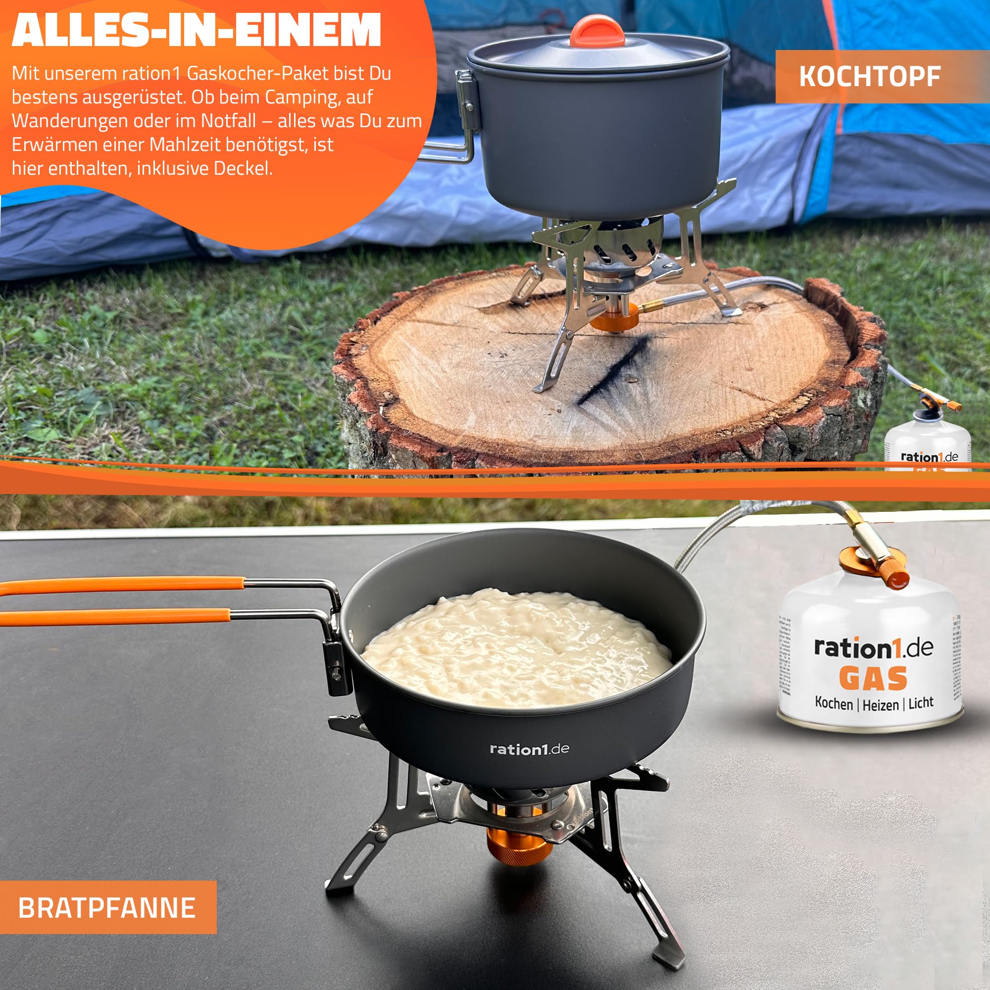 ration1 Camping Gaskocher Set - 7-teiliges Aluminium Topfset, 3 Gaskartuschen, Campingkocher, lebensmittelechte Töpfe & Schalen, Feuerzeug - Kompaktes Outdoor & Camping Kochset