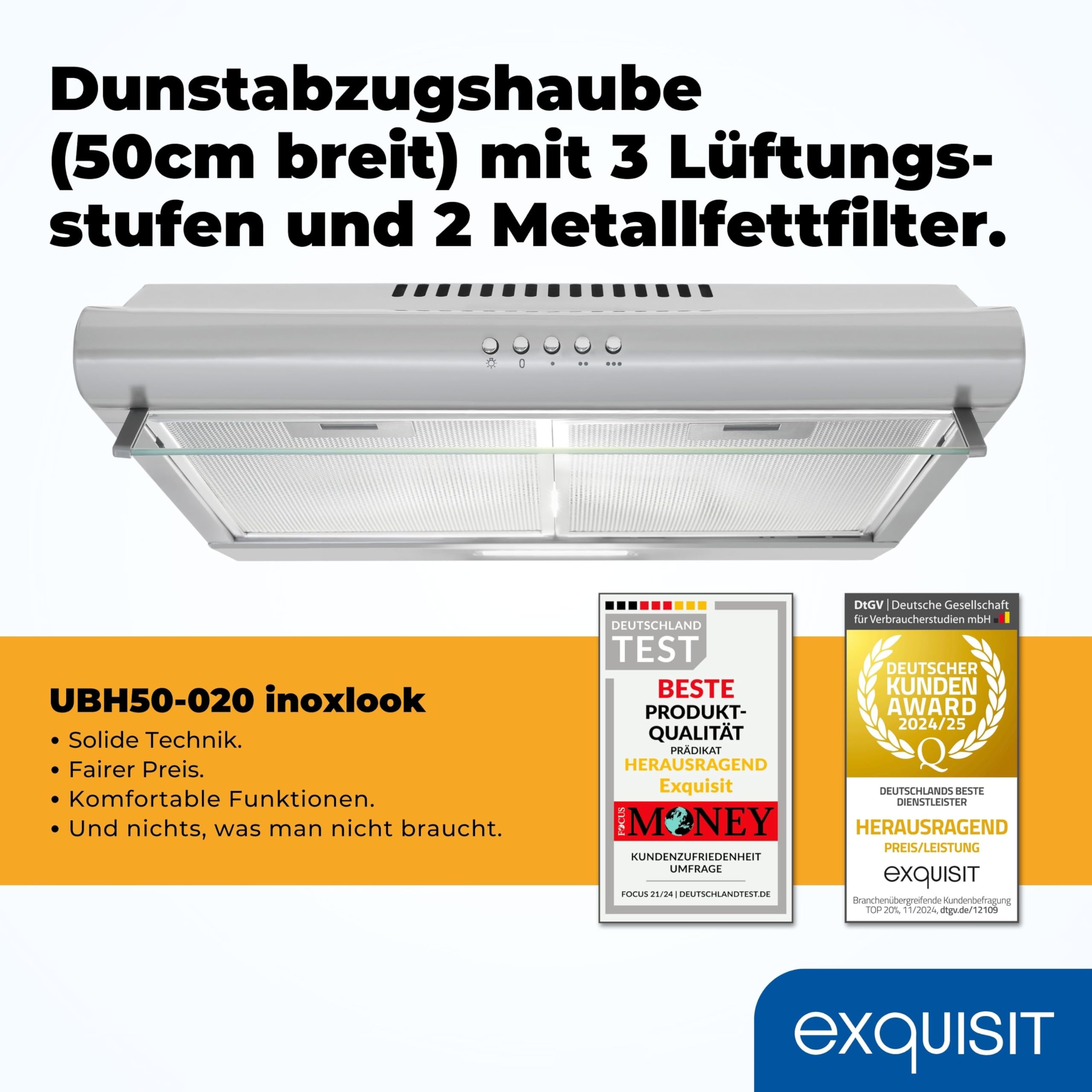 Exquisit Dunstabzugshaube 50cm Abluftbetrieb Unterbauhaube 3 Lüftungsstufen Metallfettfilter UBH50-020 inoxlook