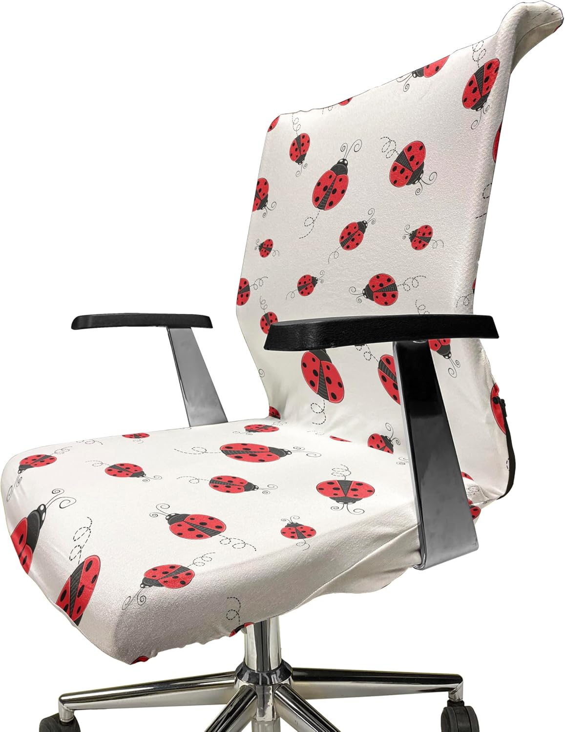 Ambesonne Ladybugs Office Chair Cover, Ladybug Dotted Wings Swirls and Curves Pattern Animal, Stretchable Decorative Universal Size High Back Printed Slipcover, Black White