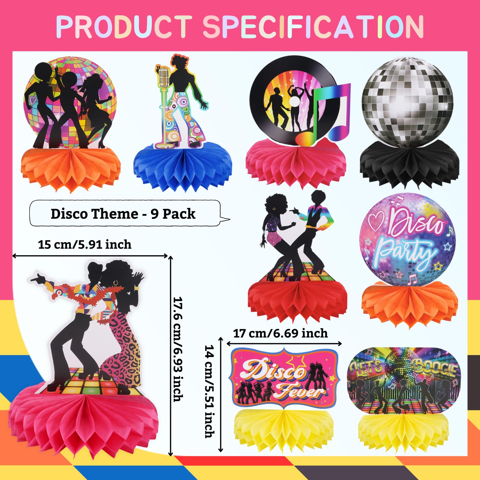 9pcs Disco Honeycomb Centerpieces 70s Disco Fever Party Table Decorations Dancing Queen Tabletop Centerpieces for 1970s Party Celebration Back to 70s Nostalgic Party Supplies Table Topper Sign Decors