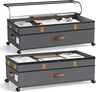 2 Stück Unterbett Aufbewahrungsbox 72L, Unterbettkommode Bettkasten mit Rollen 360°Drehung& PVC deckel, Metallrahmen,für Kleidung, Schuhe, Spielzeug und Decken