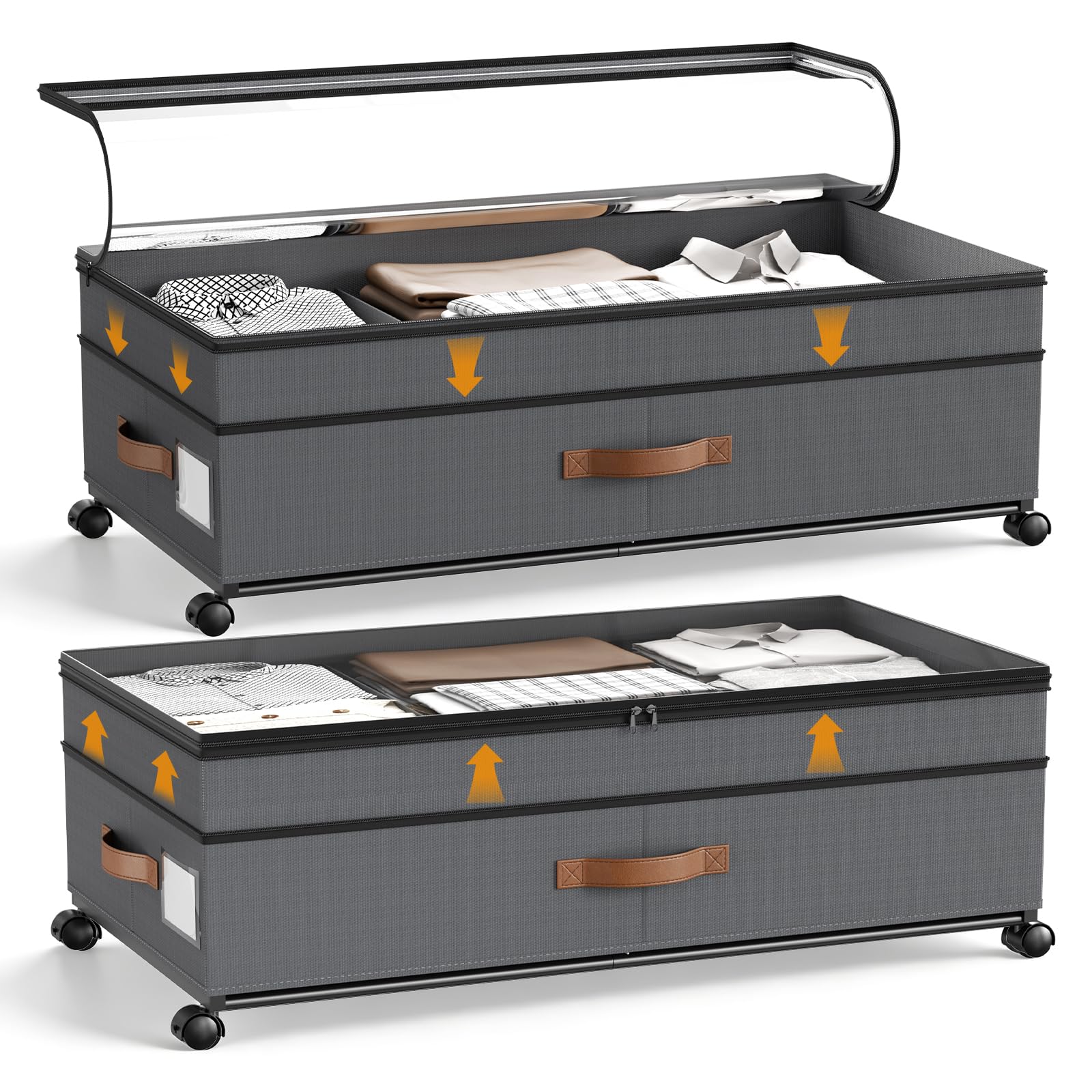 2 unidades de almacenamiento para debajo de la cama de 72 L, con ruedas de rotación de 360° y tapa de PVC, marco de metal, para ropa, zapatos, juguetes y mantas