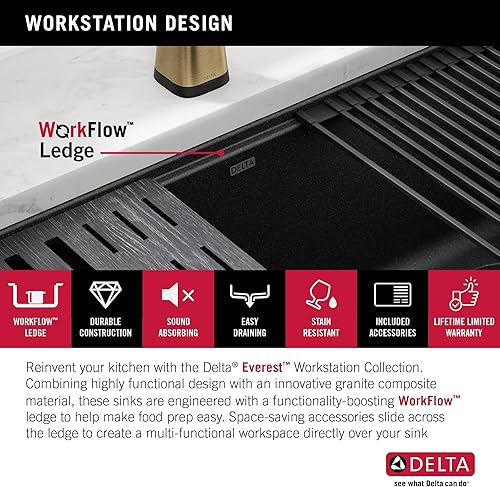Miniatura 5 de DELTA FAUCET DELTA Everest 75B933-30S-BL - Fregadero de cocina compuesto de granito de 30 pulgadas con reborde de flujo de trabajo y accesorios en