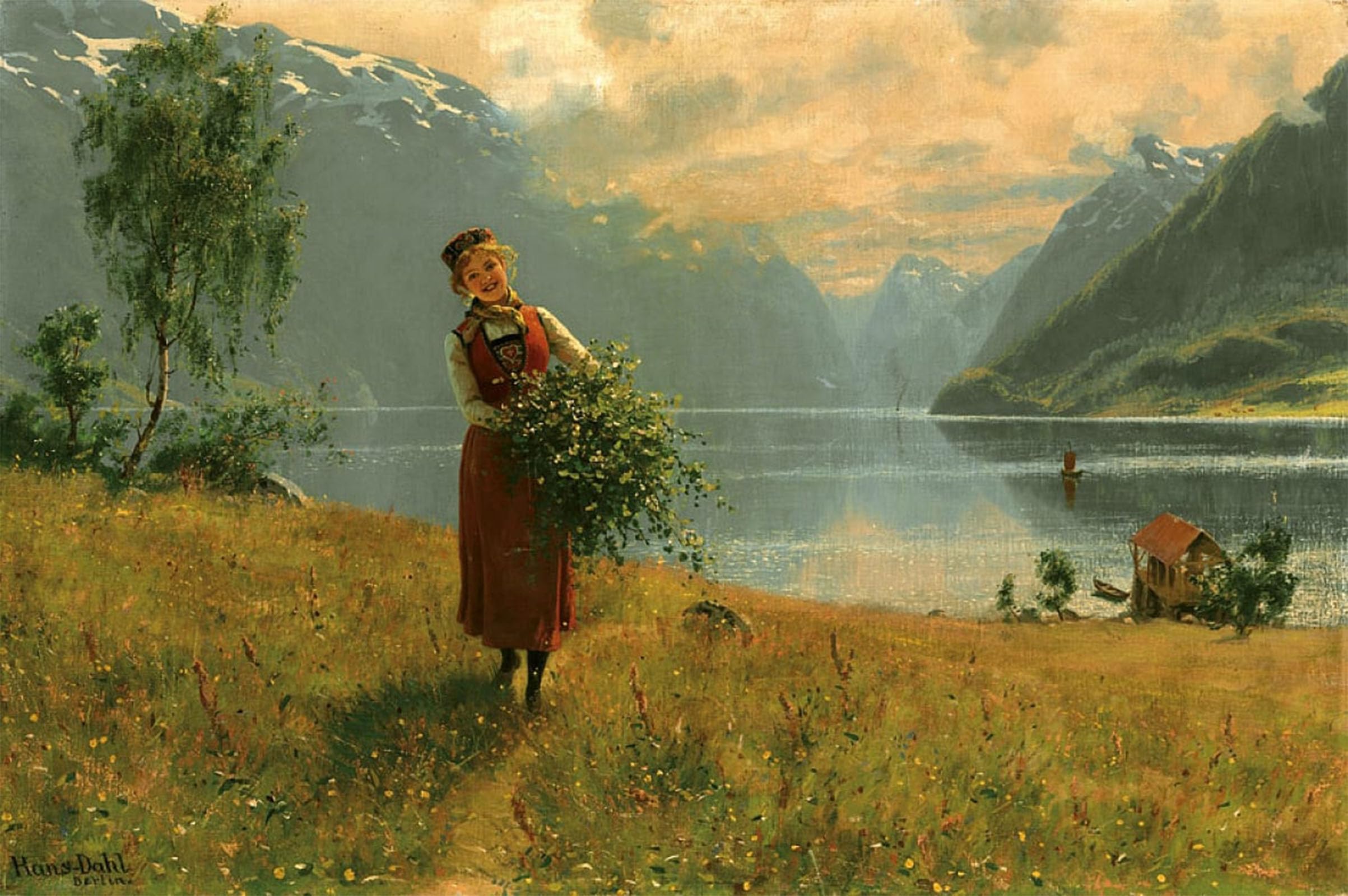 POSTERIIk Famous Modern Artwork Art Mural Young Girl with Birch Branches in Front of a Norwegian Fjord by Hans Dahl Oil Paintings Pictures for Home Decor 60x90cm