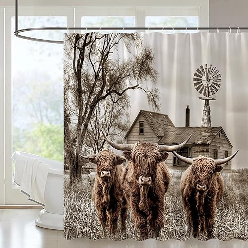 NSNABA Cortina de ducha de vaca de las tierras altas cortinas de baño rústicas de toro occidental molino de viento granja ganado animal vintage