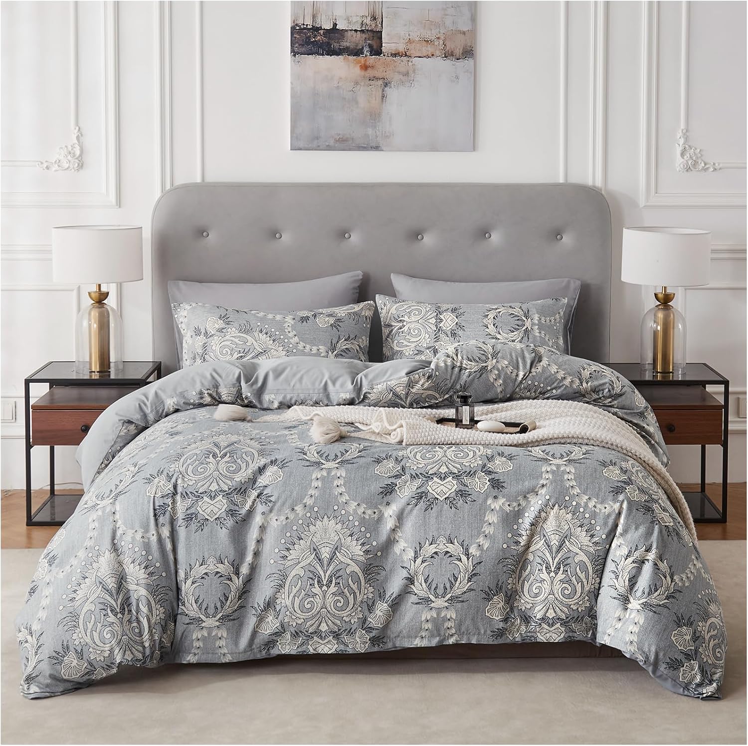 White Green Floral Duvet Cover Set King Size Farmhouse Bedding Set Microfiber Soft Cozy Reversible Comforter Cover Alternative Down Pillowcases Cottage Bedrooms Garden Aesthetic Home Bedding Décor