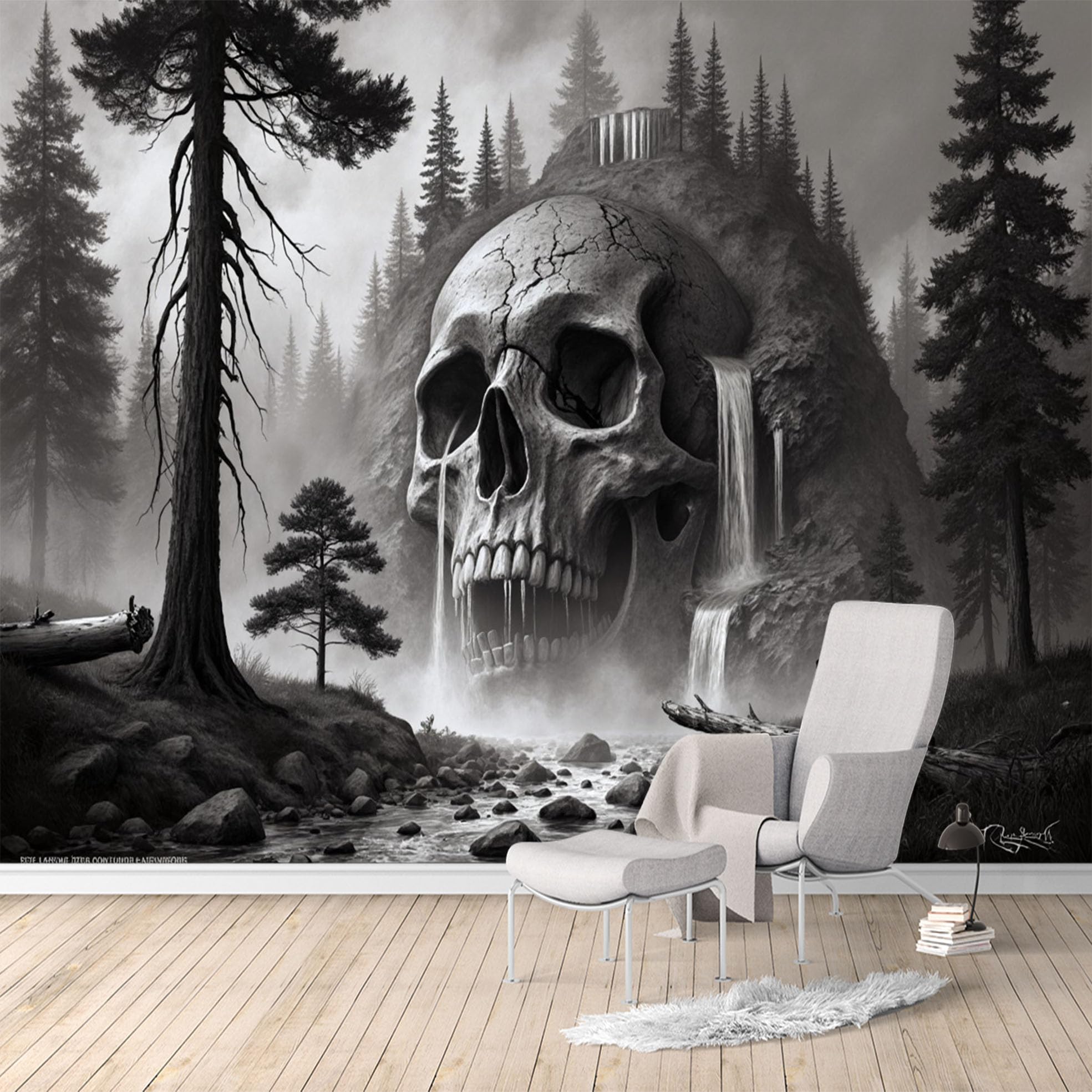 Custom Size Wall Murals, Giant Skull Waterfall Forest, SelfAdhesive Water Activated Removable Wall Covering, Large Photo Wallpaper for Living Room Bedroom Office
