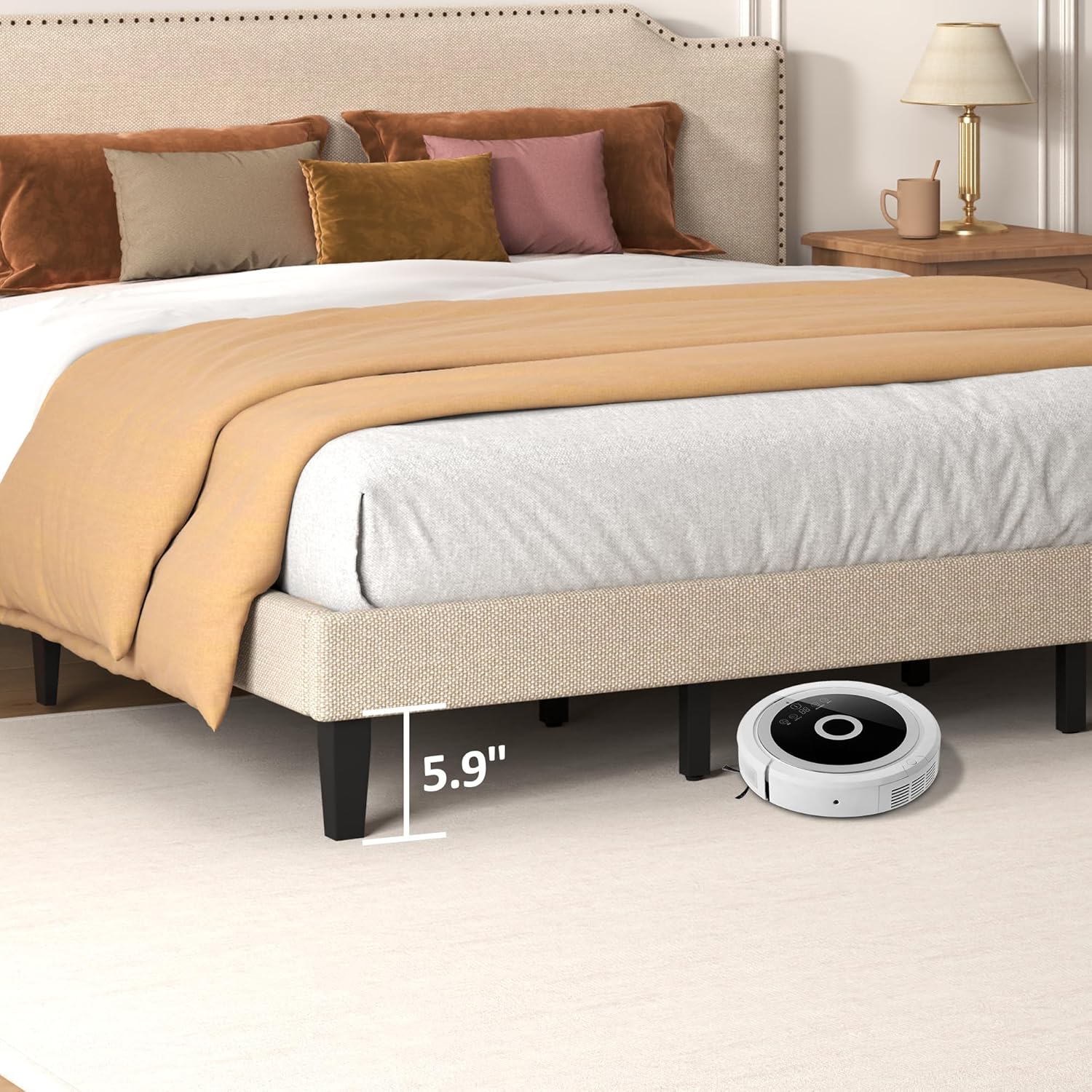 King Size Bed Frame with Adjustable Headboard Platform, 18 Thickened Legs, Fabric Upholstered Headboard, No Box Spring Needed, Noise-Free, Easy Assembly, Beige
