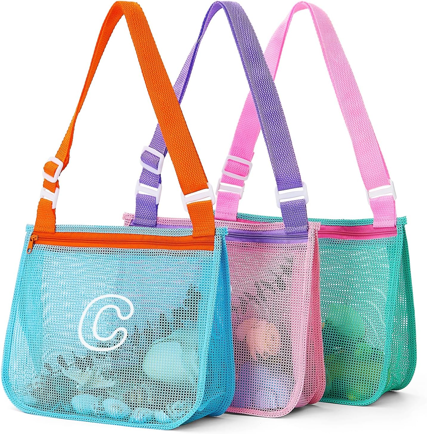 3Pcs Alphabet Printed Seashell Bags, Lightweight & Foldable Kids Beach Toy Mesh Bags with Adjustable Straps, Portable for Pool and Beach Essentials-C