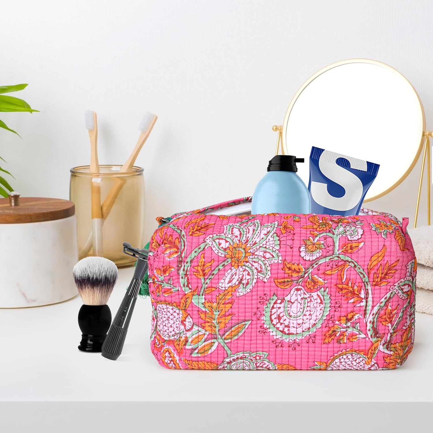 Block Print Designer Toiletry Bag & Makeup Case - Boho Floral Quilted Pouch for Cosmetics, Skincare - Waterproof Lined Organizer for Purse, Travel, Gift Large (9x7x4 inches) Multi 1 - Image 4