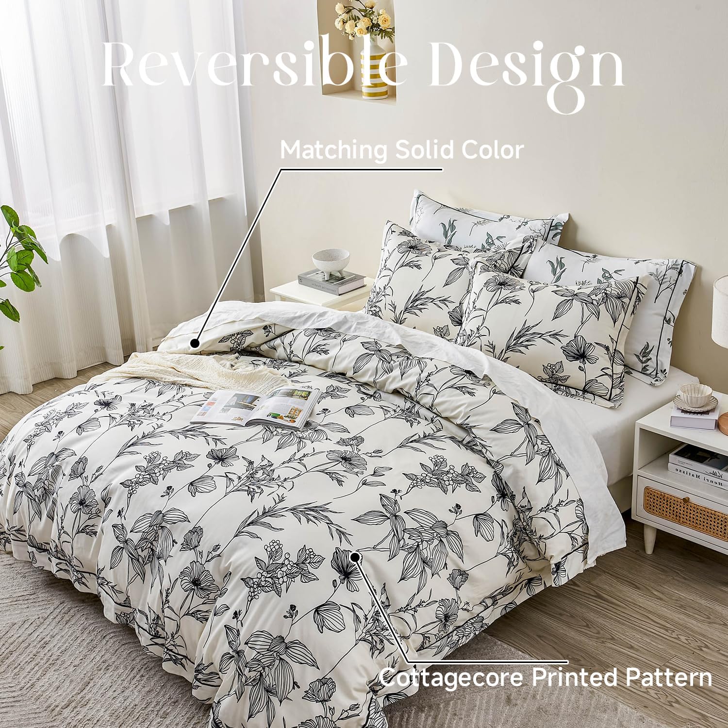 Simple&Opulence 100% Cotton Duvet Cover Set King Size, 3Pcs White Floral Botanical Printed Comforter Cover Set with Button Closure, Soft Breathable Bedding with Linen Trim for All Seasons