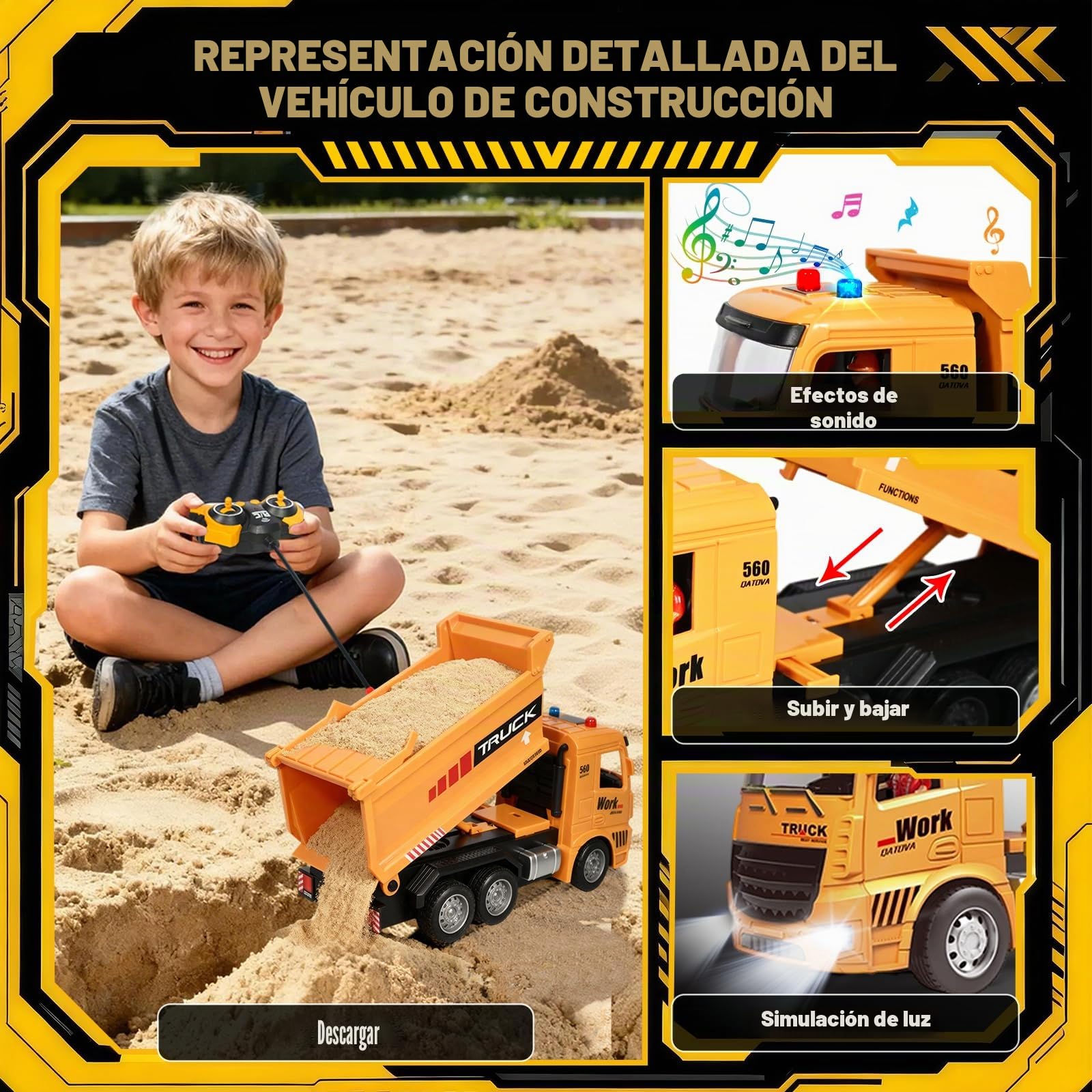HILKKET Grúa Torre Teledirigida, 138 cm Gruas de Juguete Teledirigida, RC 2.4GHz Grúas Torre de Construcción, Camión Volquete con Control Remoto, Elevador Giratorio de 680 con Luces y Sonidos