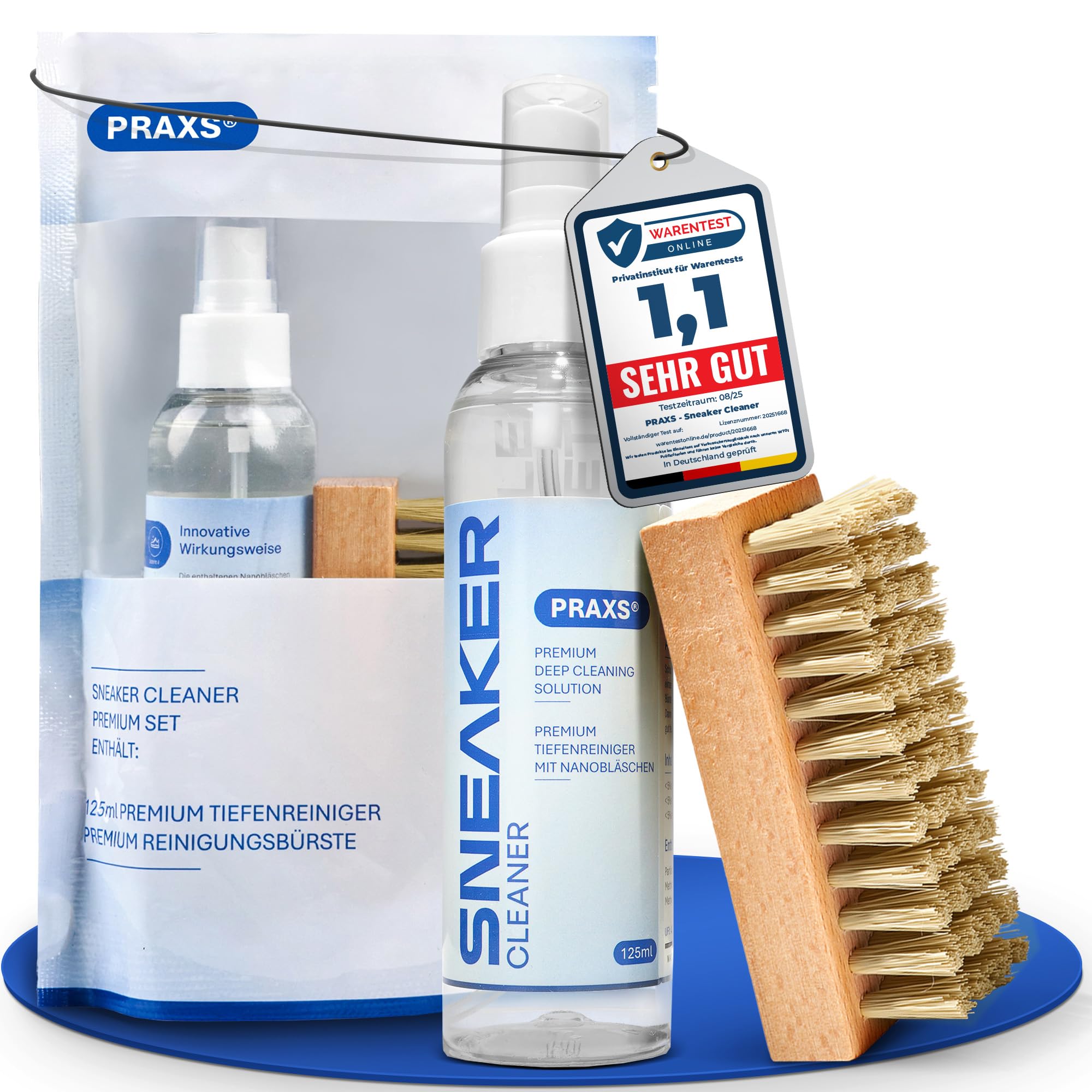 PRAXS® Sneaker Cleaner Premium Set 125 ml – Schuhreiniger & Sneaker Reiniger für weiße Schuhe, Wildleder, Nubuk, Suede & Mesh | biologisch abbaubar | Wildleder Reiniger inkl. Bürste & Mikrofasertuch