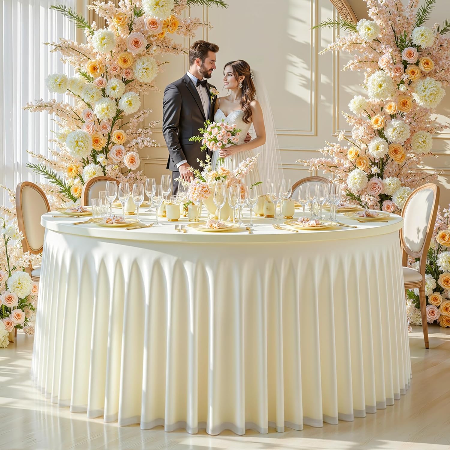 Ivory Tulle Round Tablecloth for 60 inch Tables, Spandex Fitted 5FT Ivory Round Table Covers with Tulle Skirt for Baby Shower Wedding Birthday Party Cake Banquet Table Decoration