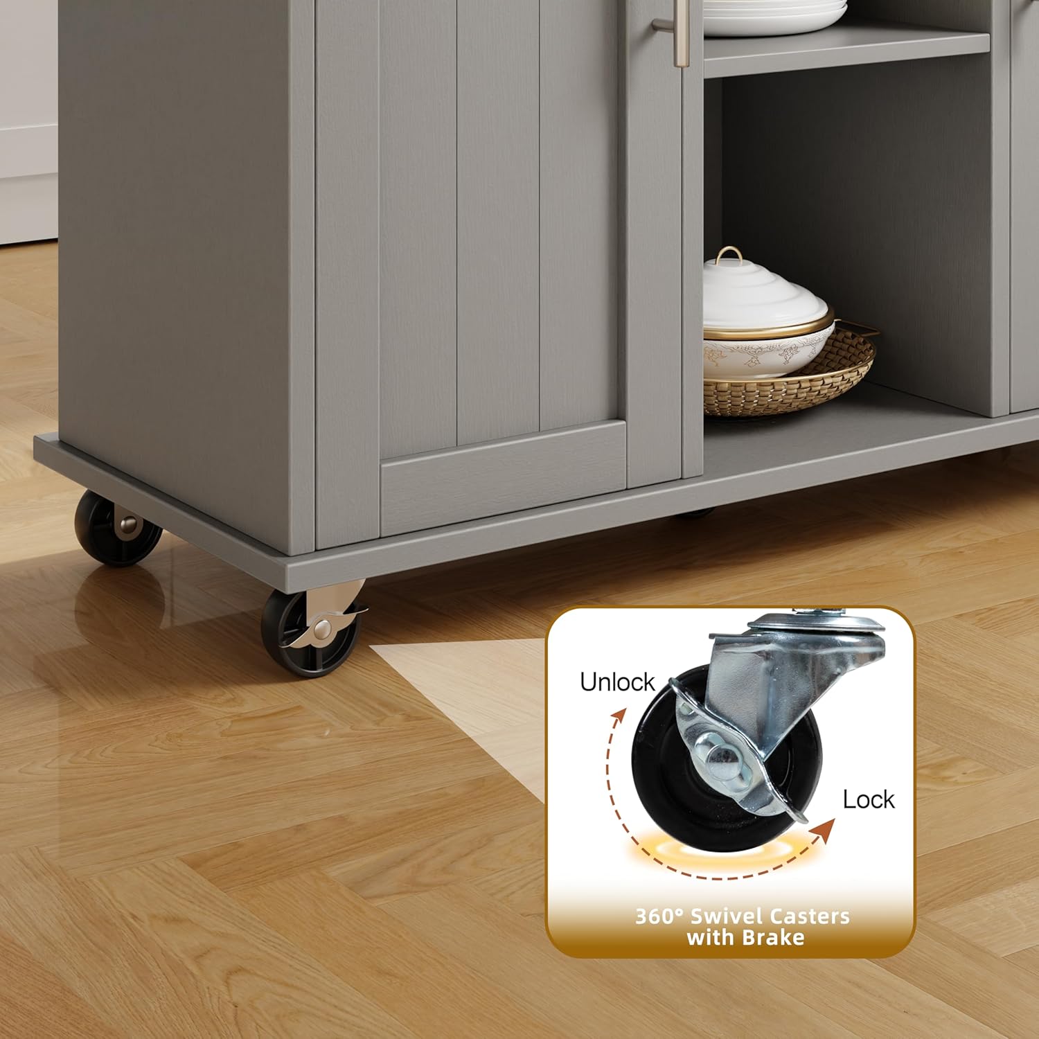 SUNLEI Rolling Kitchen Island Cart with Wheels, Island Table for Kitchen, Farmhouse Kitchen Cart with Drop Leaf & Towel Rack & Drawer, Kitchen Islands Table with Storage Cabinet, Grey