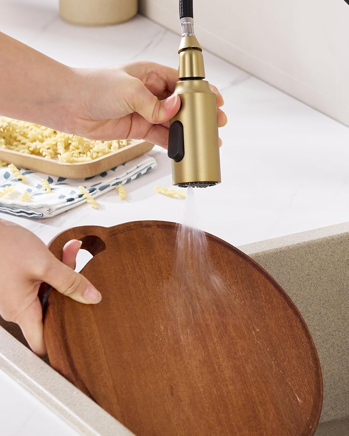 Pull Down Spray Head for Kitchen Sink, Replacement with 15 Adapters, 3 Function Pull Out Faucet Sprayer Nozzle, Brushed Gold