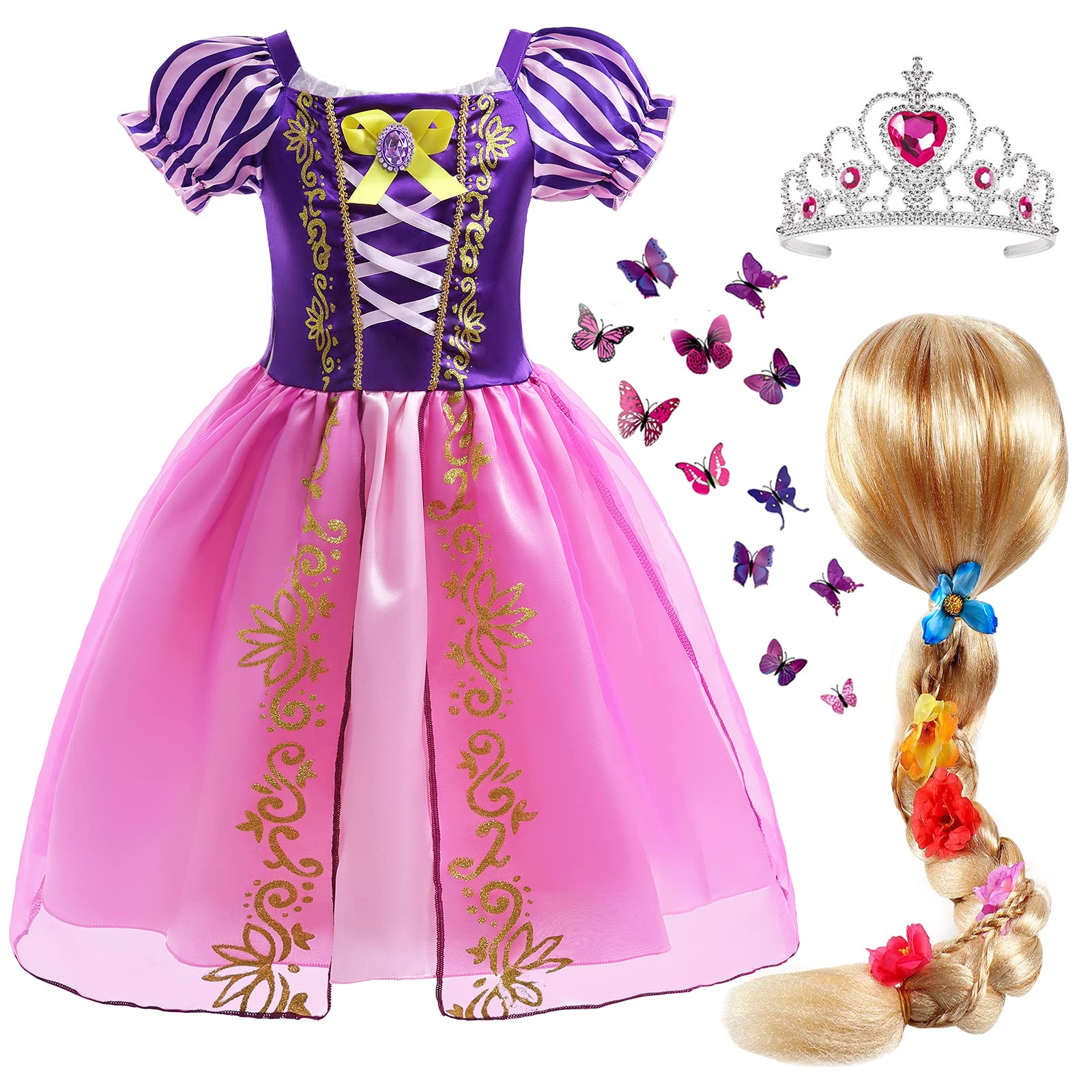 Tacobear Disfraz Rapunzel Niña Vestido Princesa Accesorios con Peluca Rapunzel Corona Princesa para Cumpleaños Fiesta Cosplay Halloween Navidad Carnaval