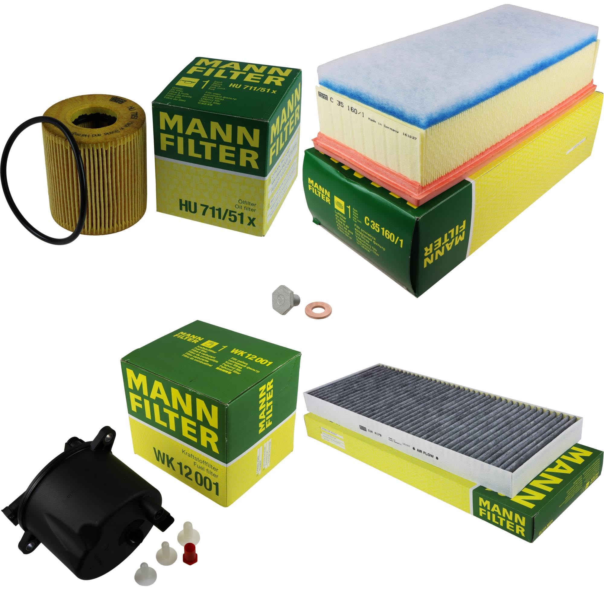 Paquete de inspección Kit de mantenimiento de filtros con filtro de aceite HU 711/51 x, filtro de aire C 35 160/1, filtro de combustible WK 12 001, filtro de habitáculo CUK 4179, tornillo de