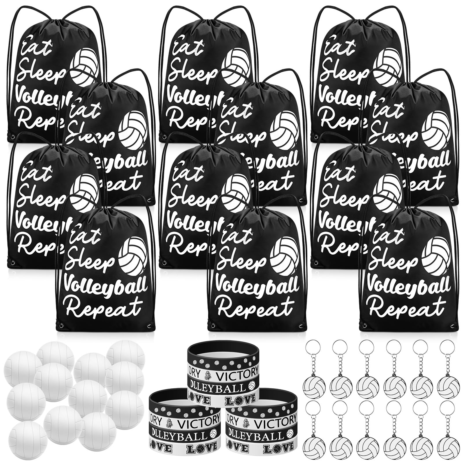 MiniInflat 48 Pcs Volleyball Party Favors for Kids Volleyball Team Gifts Bulk Include 12 Drawstring Bags 12 Keychain 12 Silicone Bracelets 12 Mini