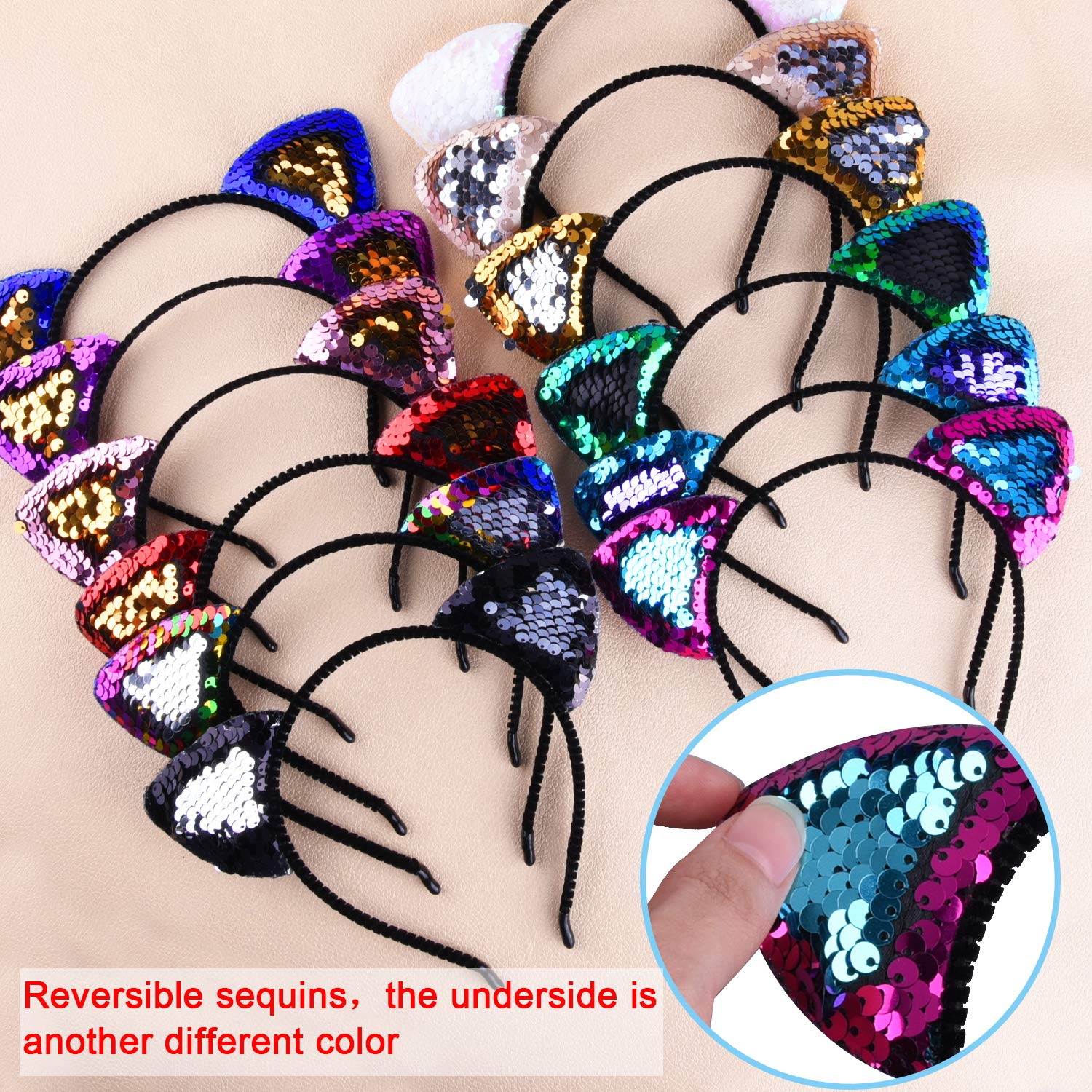 SIQUK 12 Pcs Cat Ear Headbands Reversible Sequins Ears Headband Cat Headbands for Girls with a Storage Bag