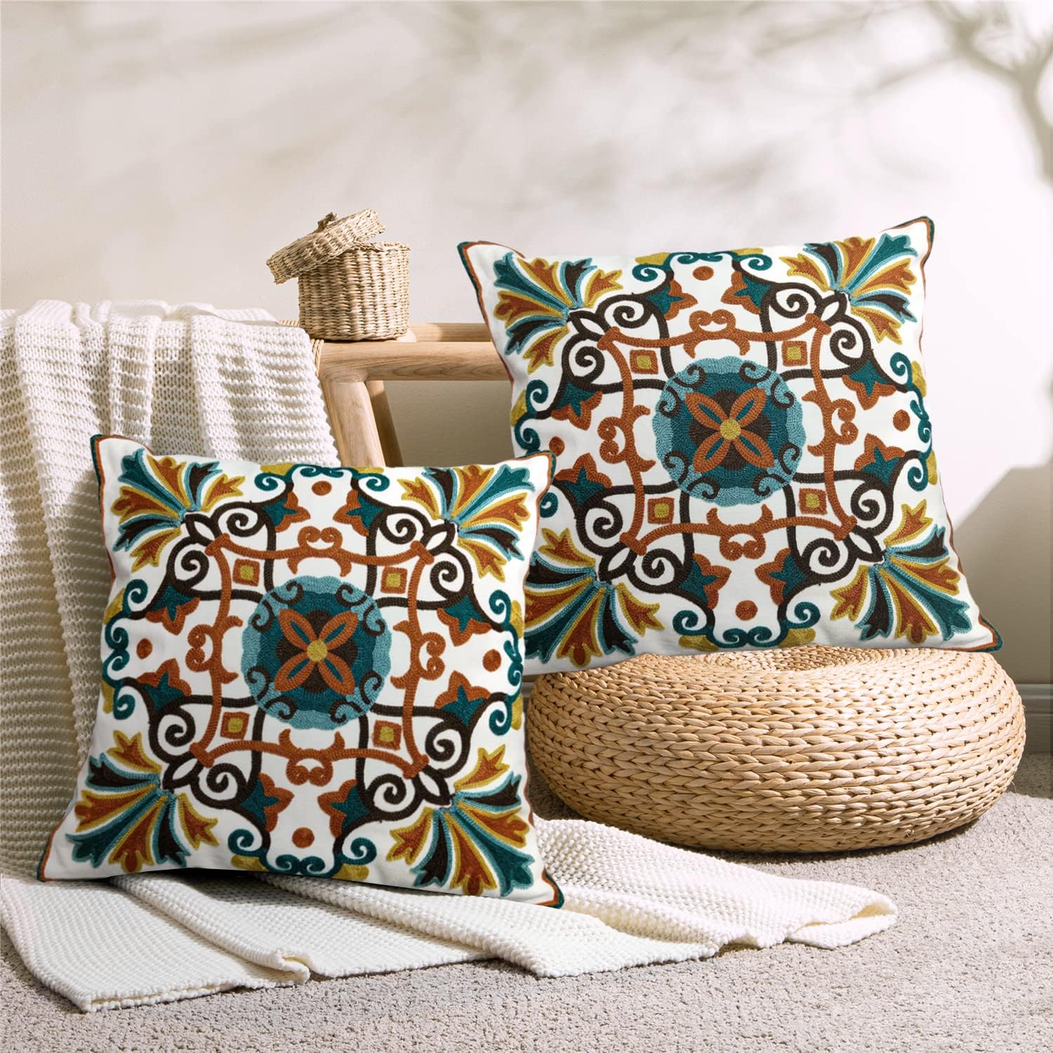 Alysheer Floral Embroidered Fall Decorative Throw Pillow Cover 18"x 18" Set of 2, Boho Farmhouse Embroidery Patterned Orange Teal Cushion Case for Sofa Couch Living Room Bedroom Outdoor