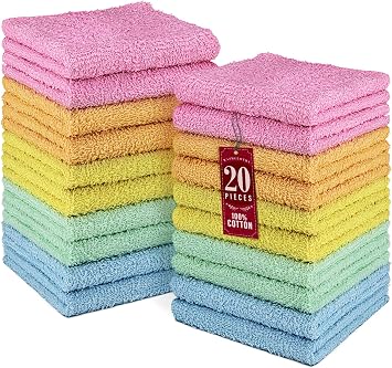 DecorRack 20 Pack 100% Cotton Wash Cloth, Luxurious Soft, 12 x 12 inch Ultra Absorbent, Machine Washable Washcloths, Assorted Colors 20 Pack