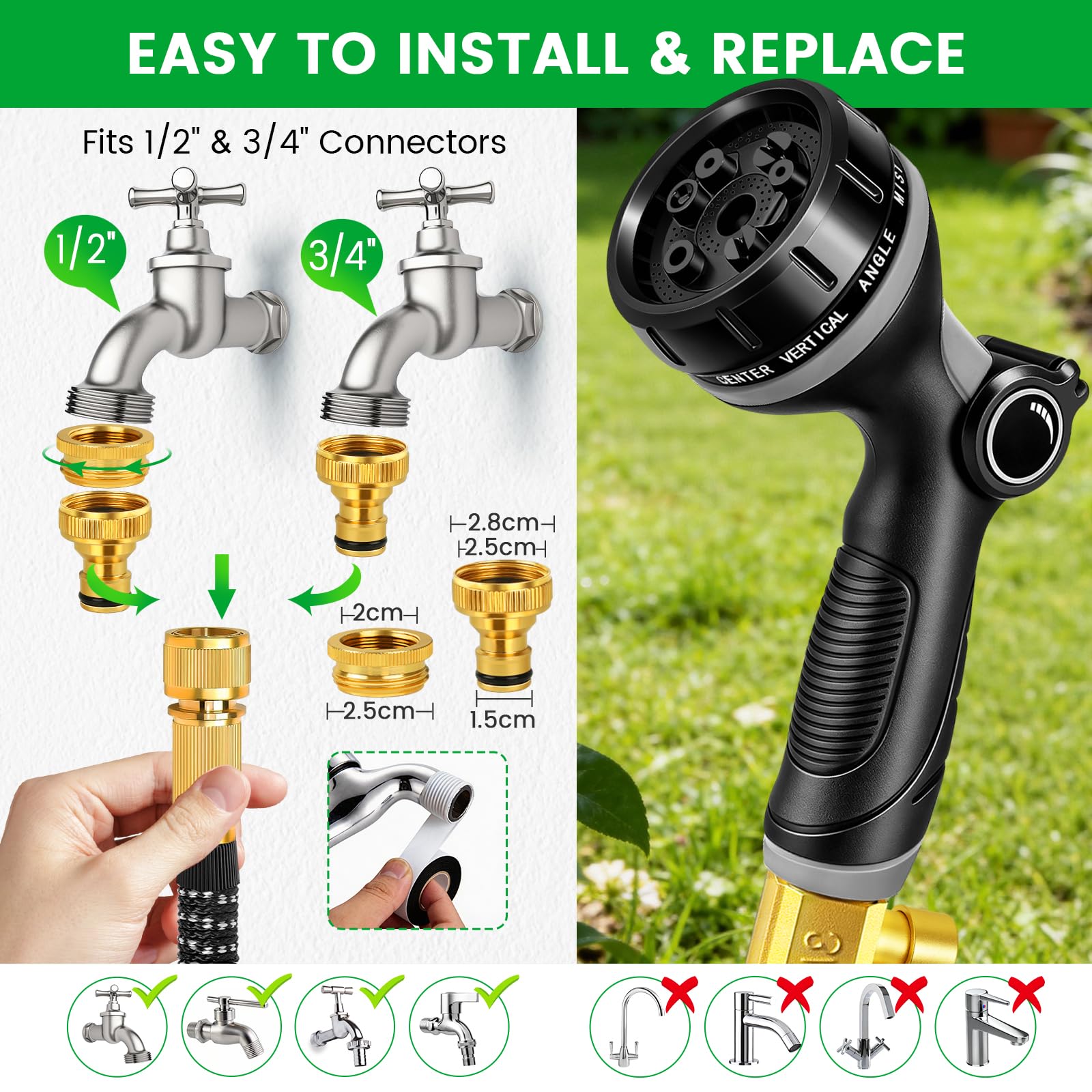 Tubo Acqua Giardino 30 Metri, Tubo Estensibile da Giardino con Adattatori da 1/2" e 3/4", Canna Acqua Giardinos con 10 Funzioni Pistola e Gancio per Lrrigazione Giardinaggio Autolavaggio