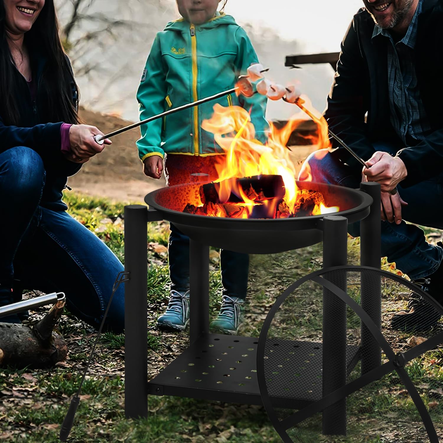 Magshion Outdoor Fire Pit, 21-Inch Round Wood Burning Outdoor Firepit for Patio with Wood Storage, Portable Poker and Spark Screen