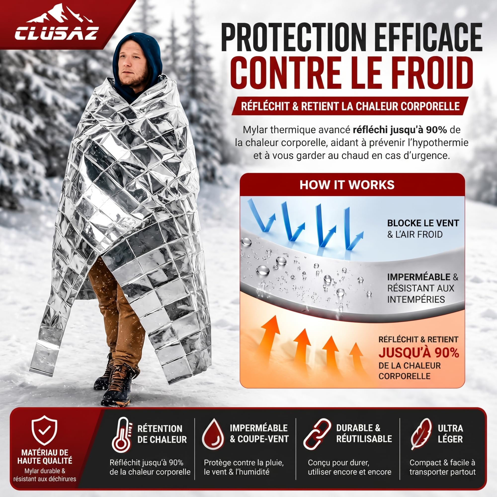 Lot De 5 Couvertures De Survie – 210 X 160 Cm – Film PET Réfléchissant 90% De Chaleur – Imperméable, Coupe-vent, Indéchirable – Compacte Et Légère