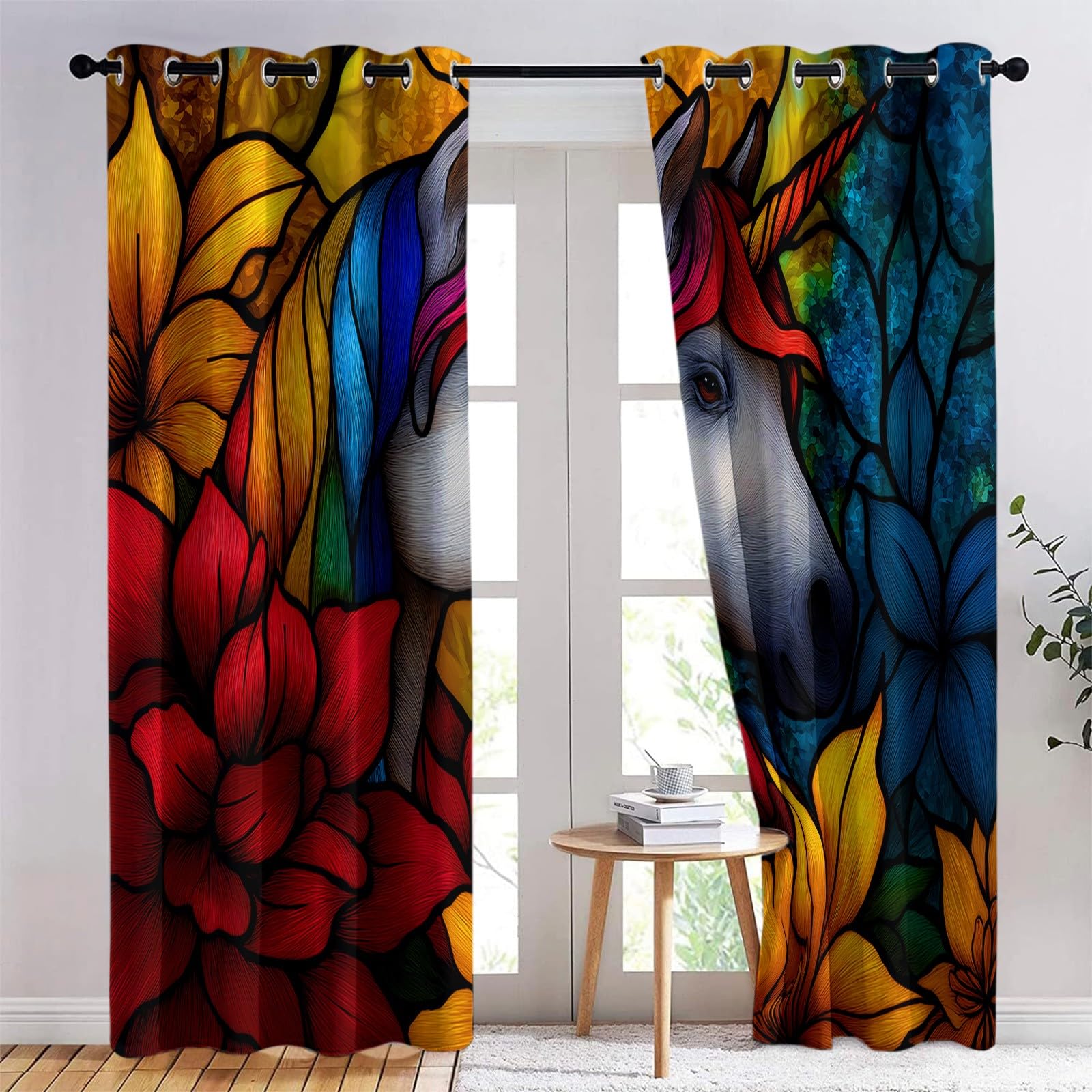 Rideau Occultant 3D Impression Salon 140 x 175 cm Fenêtre En Verre À Licorne Abstraite Thermique Anti Froid Polyester Décoration Chambre Rideau Isolant Phonique pour Chambre, 2 Panneaux, Couleur