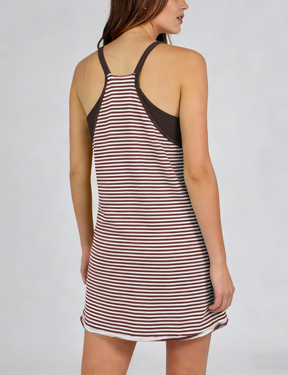 Lentta Womens Athletic Mini Dress Built-in Shorts Striped Tennis Dresses Sleeveless V Neck Workout Romper Pocket Vacation