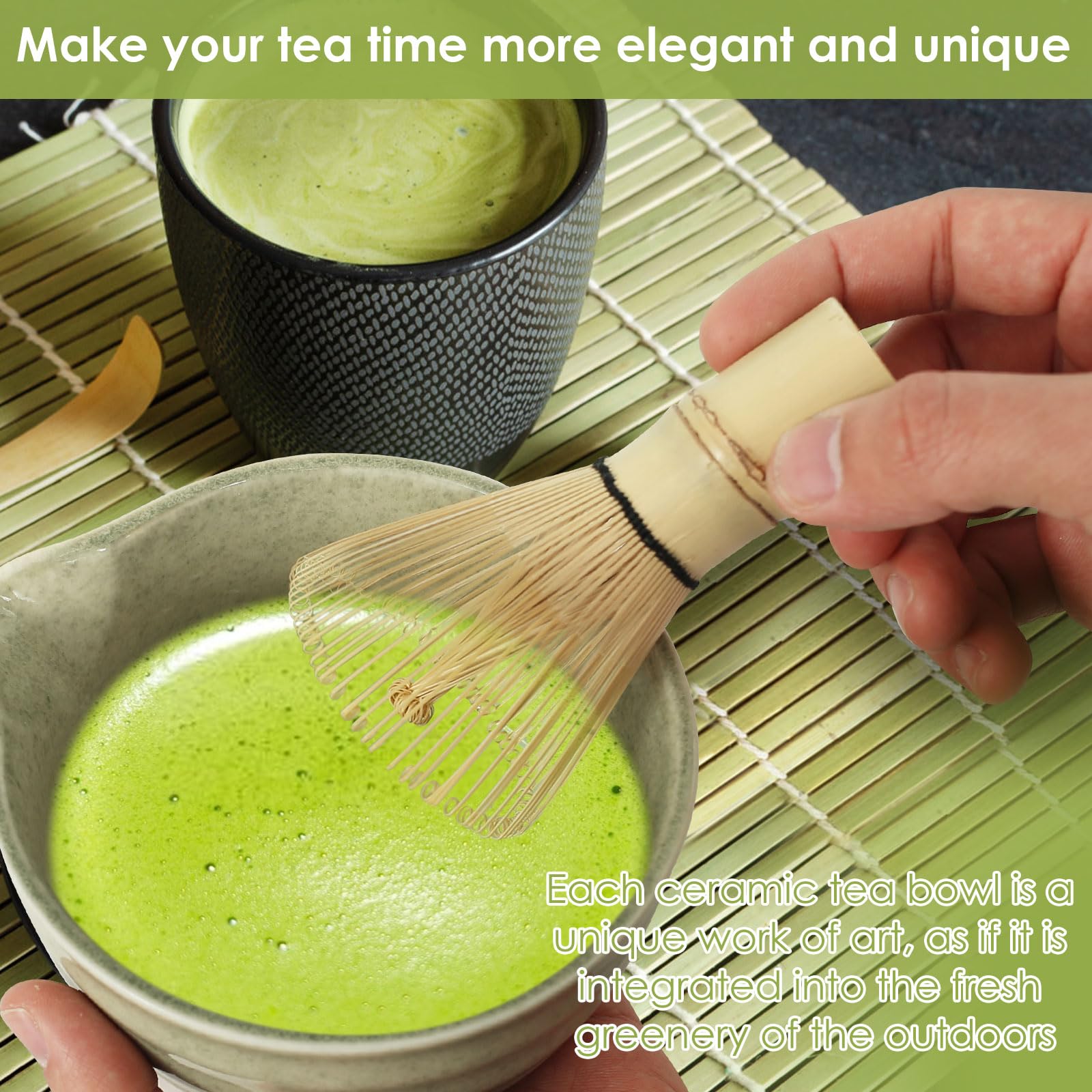 5Pcs Matcha Whisk Set Japanese Matcha Tea Set Elegant Ceramic Matcha Bowl Matcha Whisk Holder Bamboo Matcha Whisks and Bamboo Scoop Handmade Matcha Ceremony Kit for Traditional Japanese Tea Ceremony - Image 4