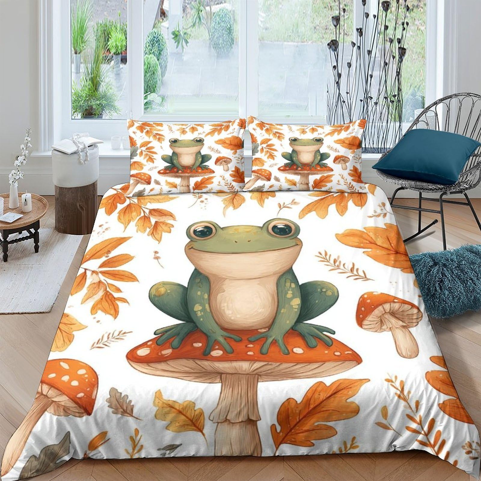 Ctjqhvkz Style-10 3D Printed Frog Mushroom Fitted Sheet Microfiber Soft Autumn Leaves Bed Cover For Bedroom Guest Room Decor Mattress Protection Single（135X200cm）