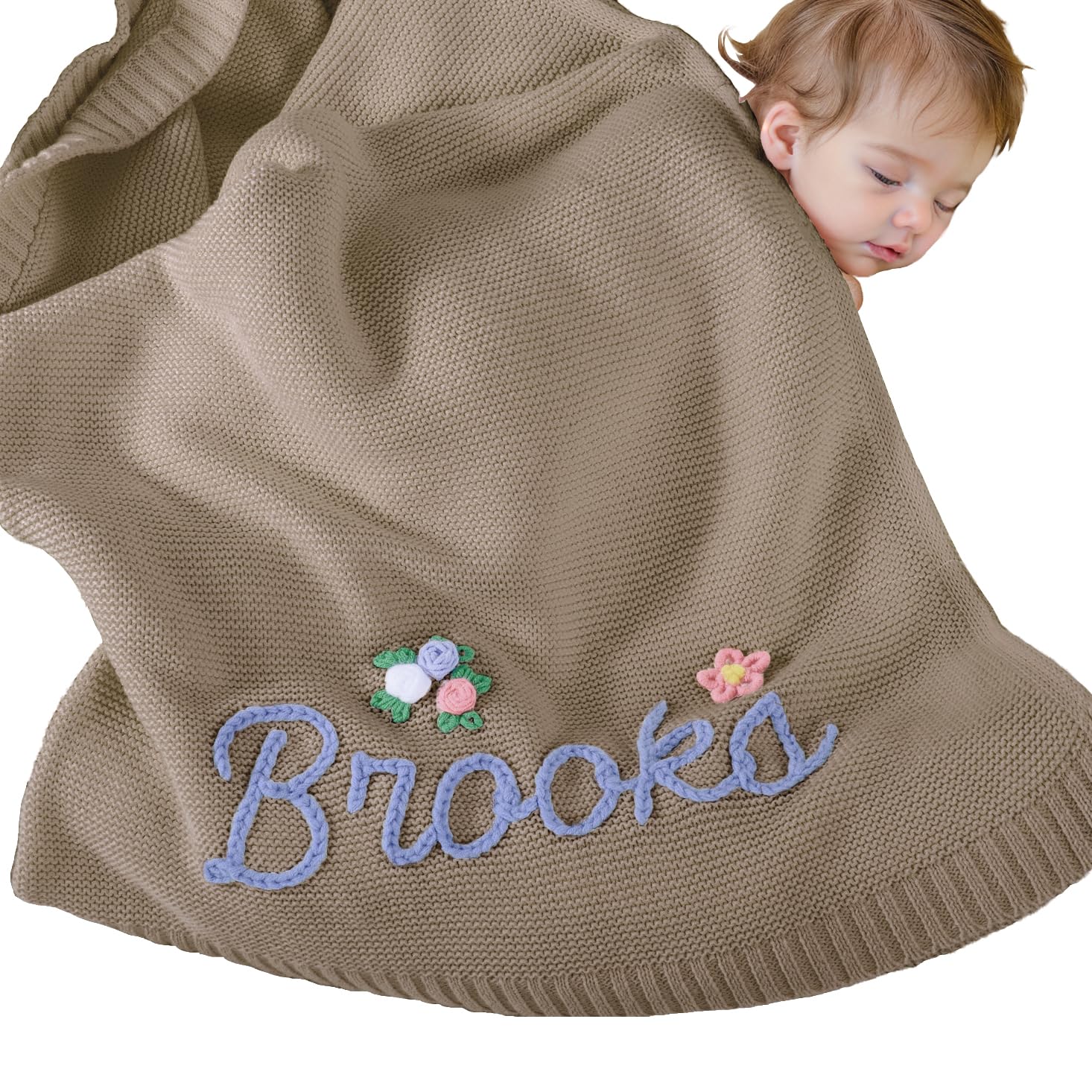 REQTYUI Personalized Baby Blanket for Boys Girls with Hand Embroidered Name Super Soft Blanket, Custom Warm Lightweight Baby Receiving Blankets Backing for Toddler Nursery(Camel)