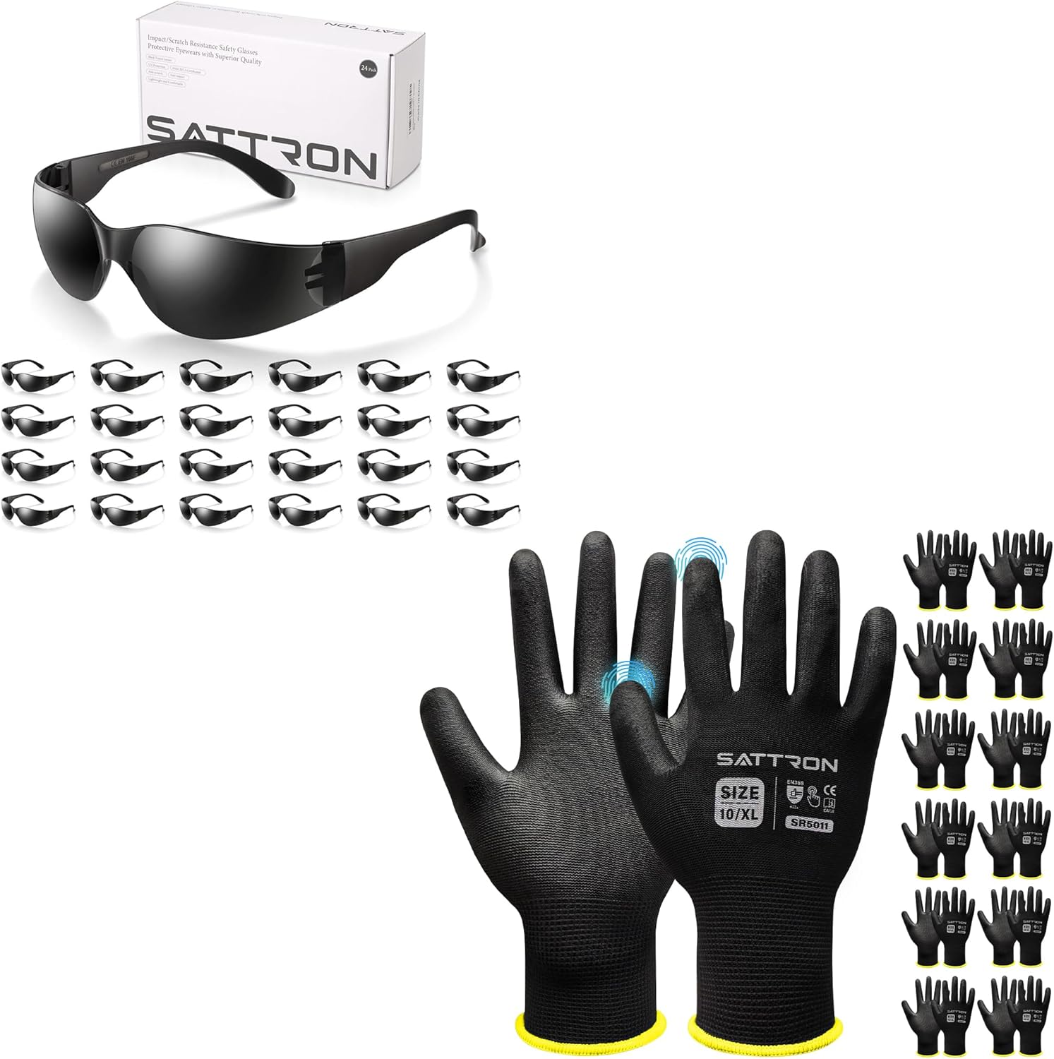 24 Pack Tinted Safety Glasses (Protective Safety Sunglasses) Ploycarbonate Dark Smoke Lenses for UV Protection + 12 Pairs Work Gloves PU Coated Safety Gloves Touchscreen Working Gloves (Black/X-Large)