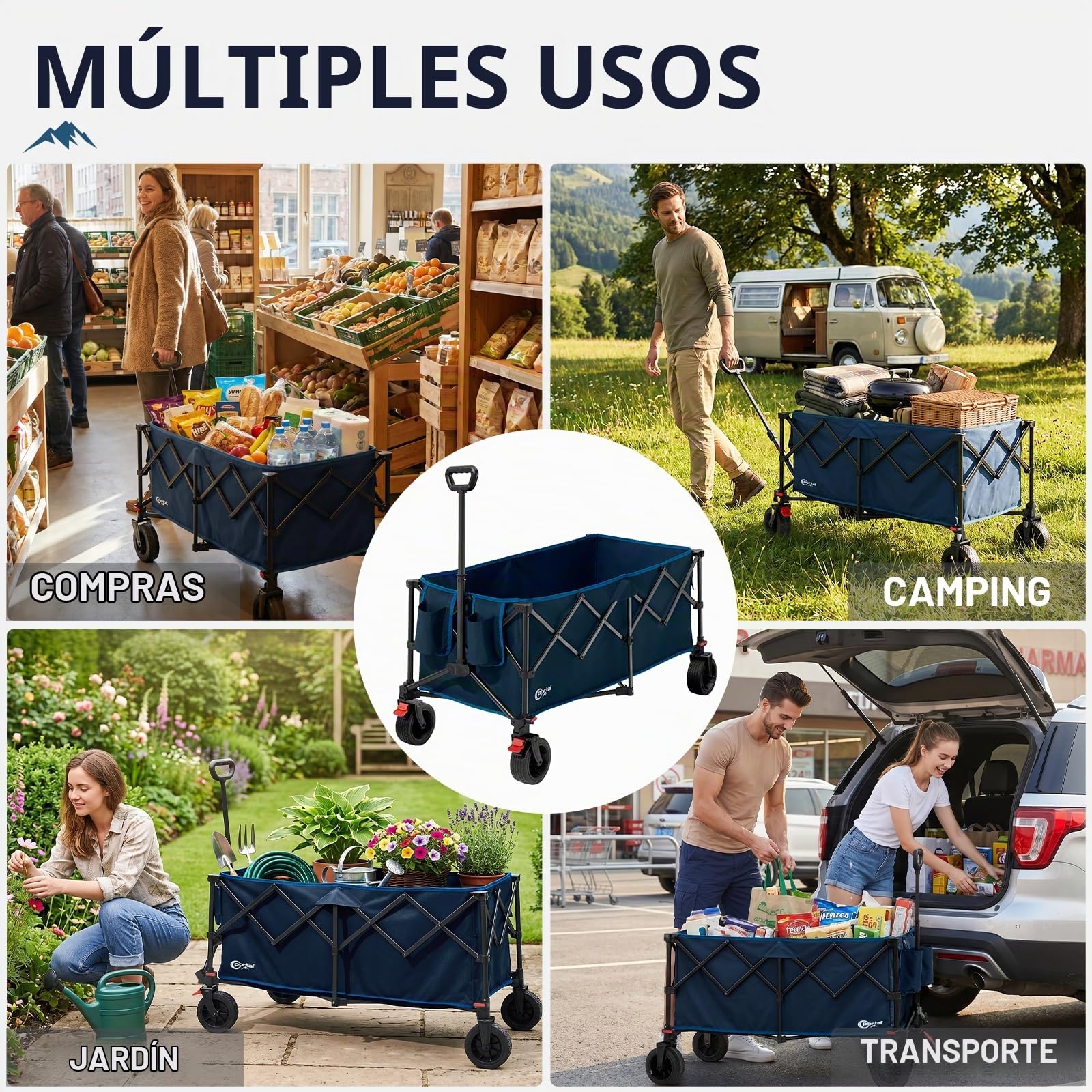 Portal Carro de Playa Plegable 300L XXL Carrito de Camping con Frenos y Mango Ajustable Vagoneta de Jardín Resistente Carga 150KG Ruedas para Festivales Picnic y Transporte