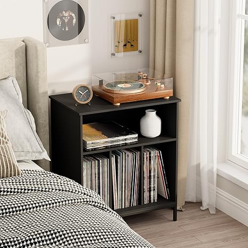 Miniatura 8 de Homhedy Soporte para tocadiscos con gabinete de almacenamiento de vinilo, soporte para discos grande, gabinete moderno para medios estéreo, mesa