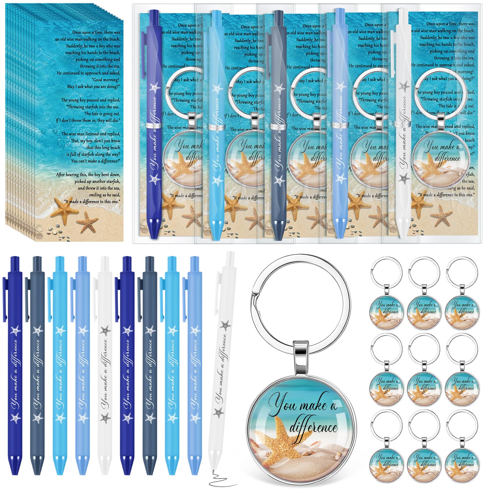 Sayglossy Employee Appreciation Gifts Bulk Starfish Story Keychains You Make a Difference Ballpoint Pens with Motivational Card for Office Coworker