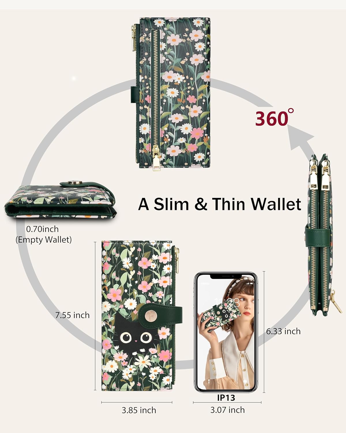 Women’s Wallet,Thin RFID Blocking Leather Wallet for Women Credit Card Holder Travel Wallet with Zipper Pocket(Cat) - Image 2