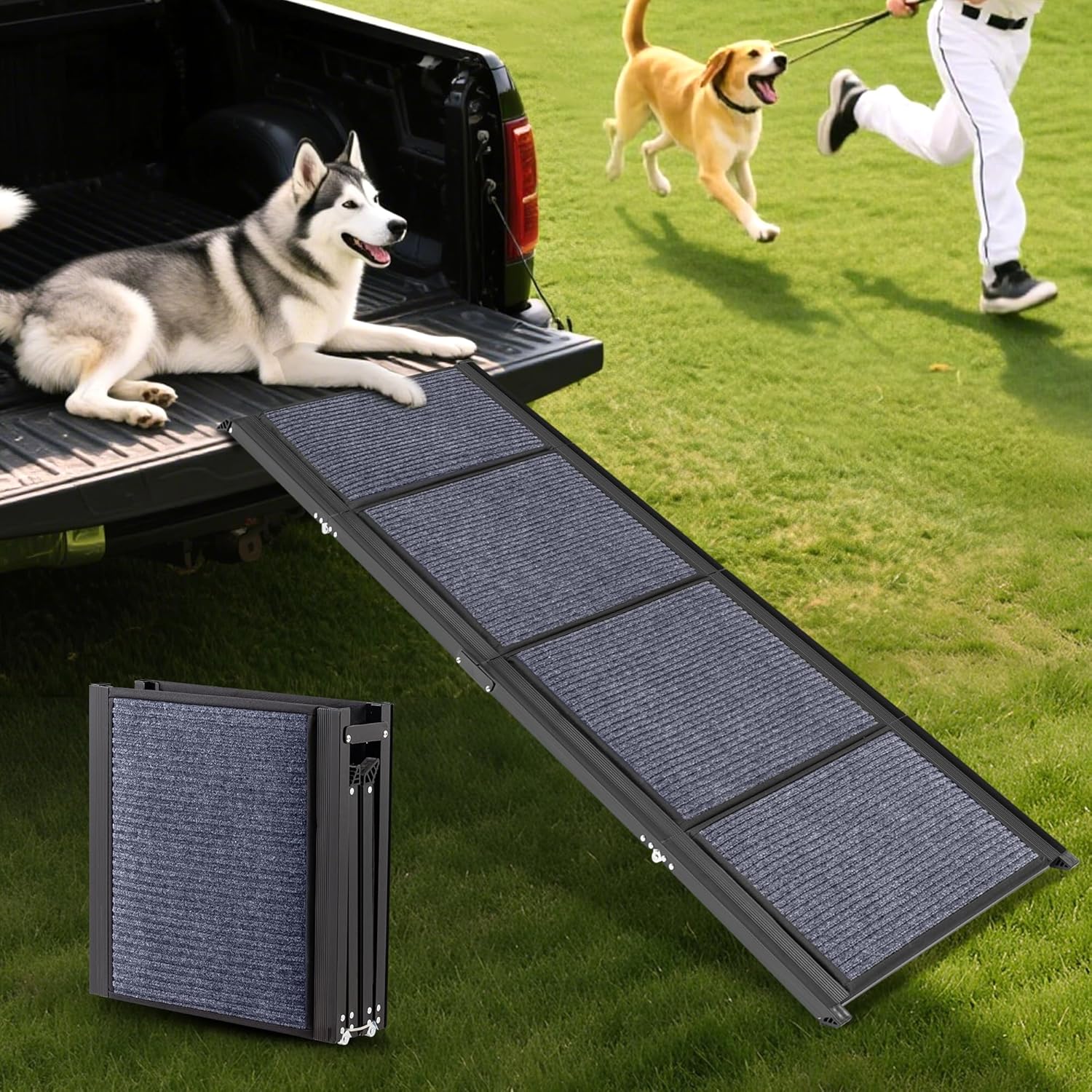 AQUILLA Dog Ramp for Car, 63" L x 17.3" W Folding Portable Dog Ramp with Non-Slip Rug Surface, Outdoor Dog Car Ramp for Small & Large & Injured Dogs, Get on SUV Car & Truck, Up to 250LBS