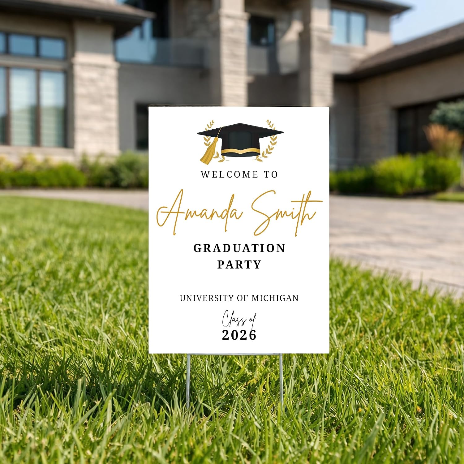 Custom Graduation Party Welcome Sign Class of 2026 - Personalized Name & School Outdoor Lawn Decoration - Elegant White & Gold Script Design with H-Stake - High School or College