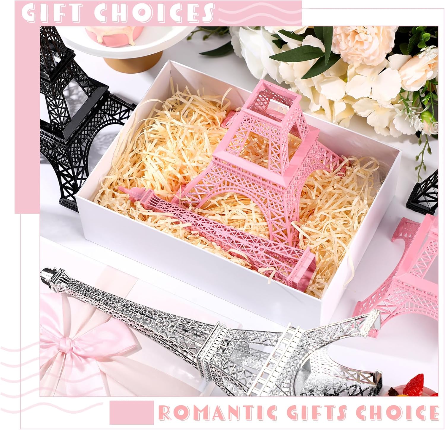 6 Pcs Eiffel Tower Statue 15 Inch Metal Eiffel Tower Model Figurine Paris Themed Centerpiece with Light Strings Cake Topper for Party Table Kitchen Decoration